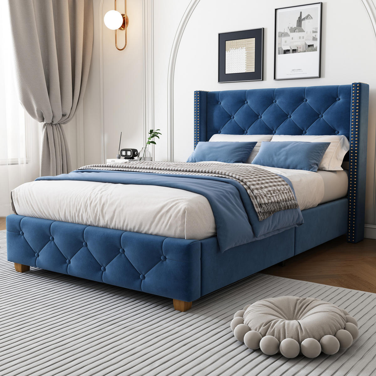 BETT mit Lattenrost 90x200 cm Samt Blau - Blau, Metall (90/200cm) - Meubliv