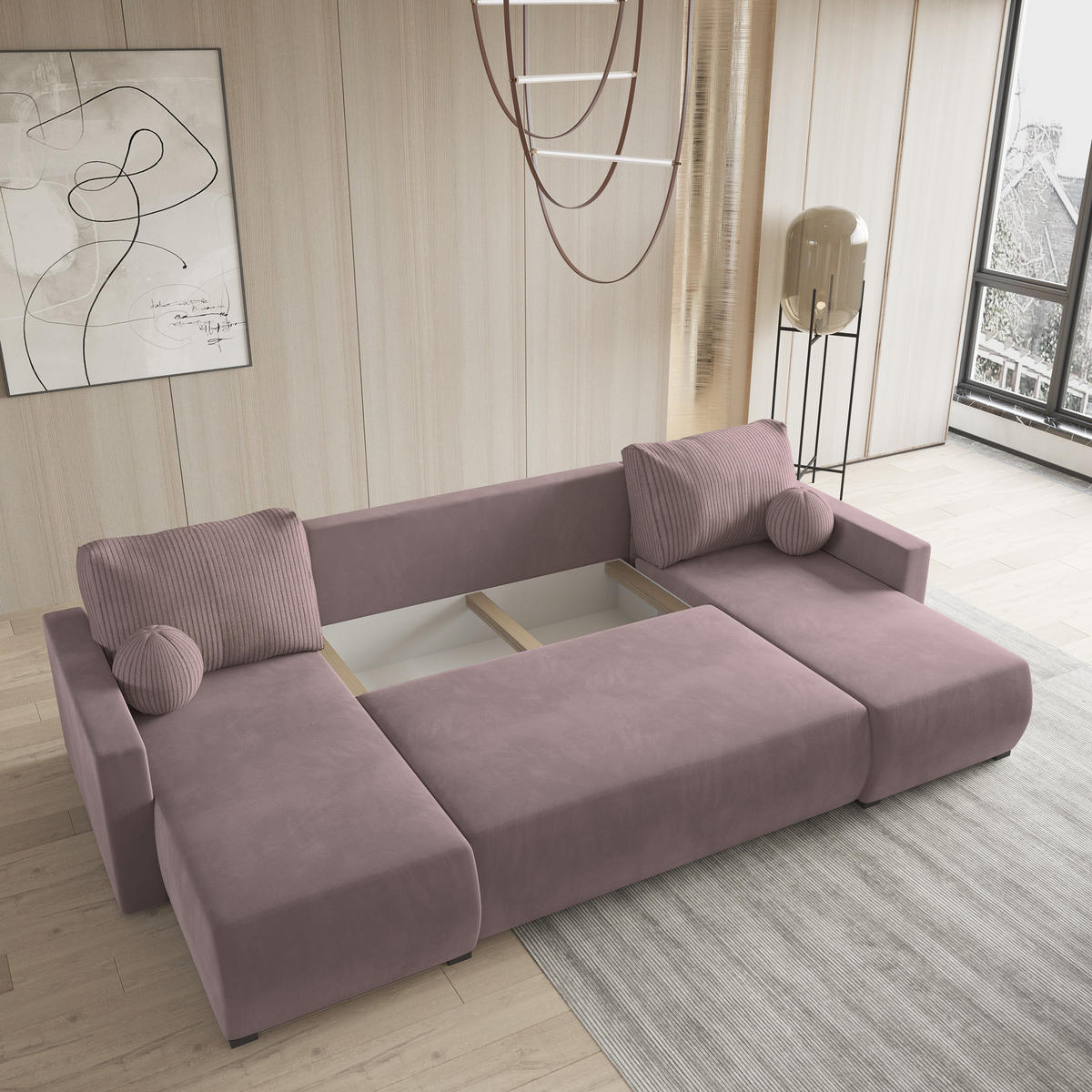 WOHNLANDSCHAFT TESSUN Rosa Plüsch-Stoff mit Schlaffunktion - Rosa, Holz (286/85/143cm) - MASSENO