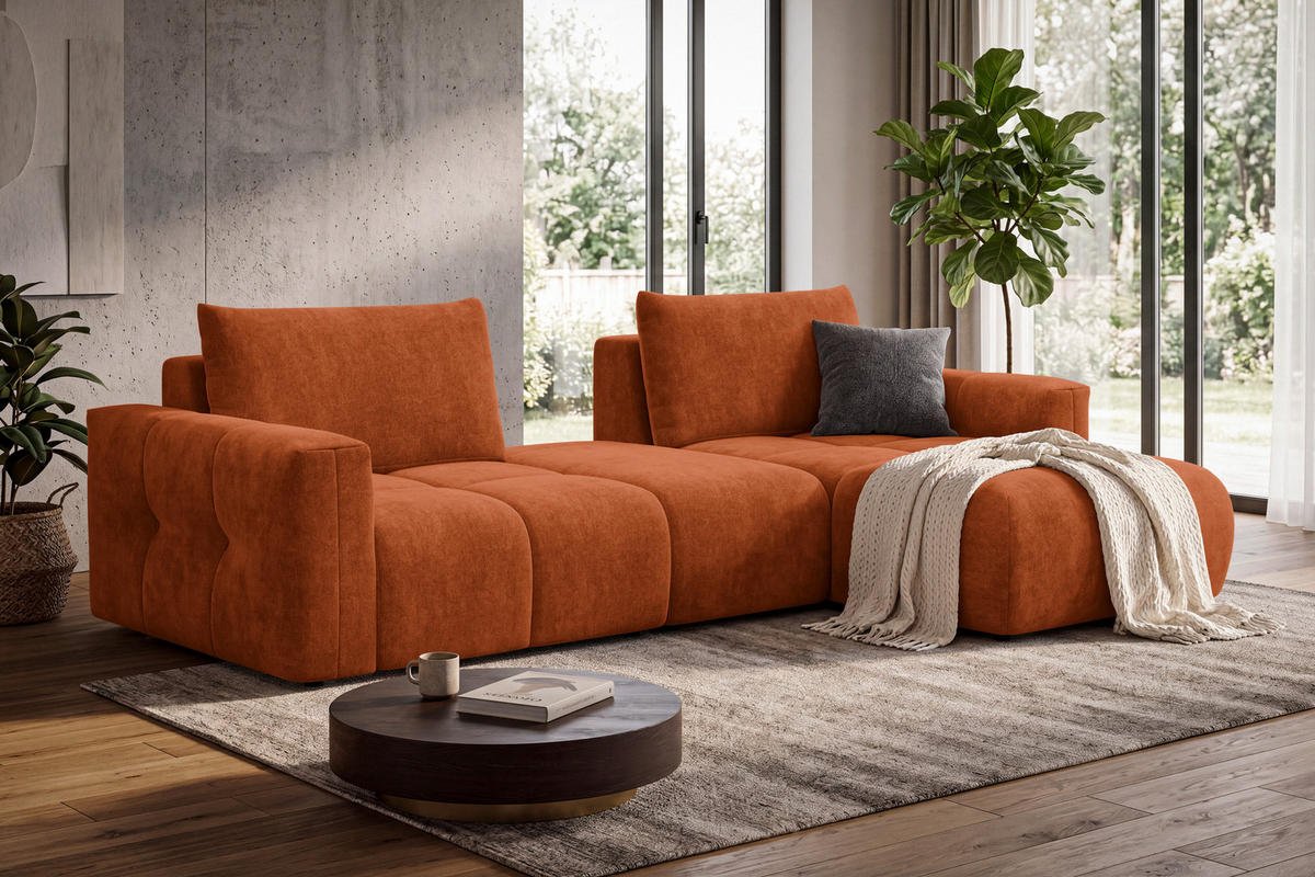ECKSOFA VERONA 4-Sitzer RECHTS, Orange - Schwarz/Orange, Holz/Textil (282/173cm) - Courtois Laville