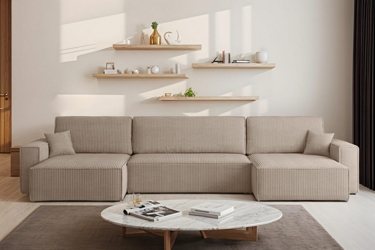 ECKSOFA Mit Schlaffunktion Und Bettkasten BEST U XL Stoff Poso Dunkelbeige - Cappuccino, Holz (142/372cm) - Kaiser Möbel