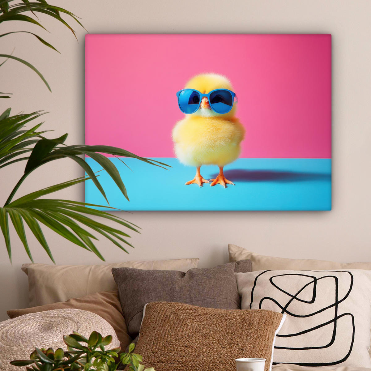 LEINWANDBILD Chick - Sonnenbrille - Blau Wandbilder 80x60 cm - Pink/Gelb, Textil (80/60cm) - MuchoWow