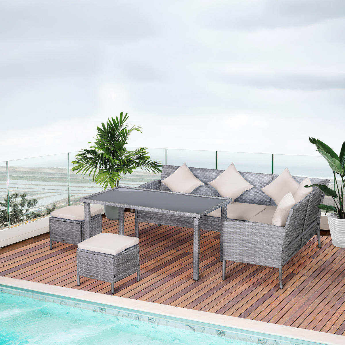 GARTENMÖBEL Set, PE-Rattan, Grau+Creme - Creme/Grau, Kunststoff - Outsunny