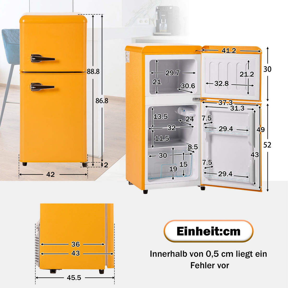 KÜHL-GEFRIER-KOMBINATION 60 l, 22 l Gefriervolumen, 45,5 x 86,8 cm, Energieeffizienzklasse E, Antique Yellow - Gelb, Metall (45.5/88.8/42cm) - FOHERE