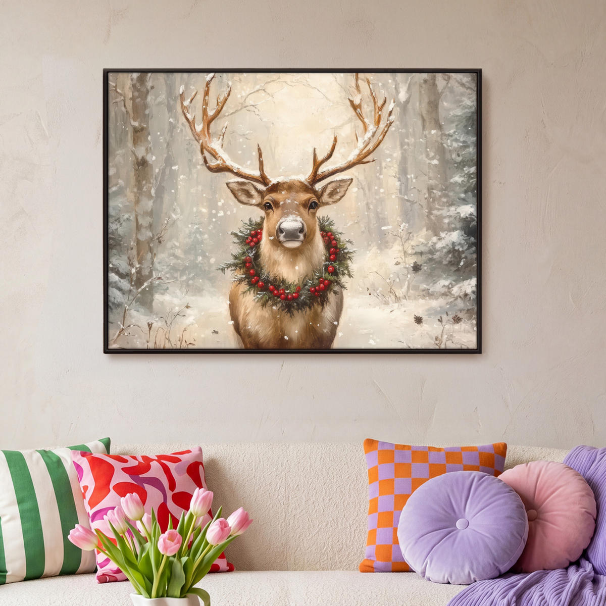 LEINWAND Bilder mit Rahmen - Weihnachten - Rentier - Winter - Kranz - 100x70 - Naturfarben, Textil (100/70cm) - MuchoWow