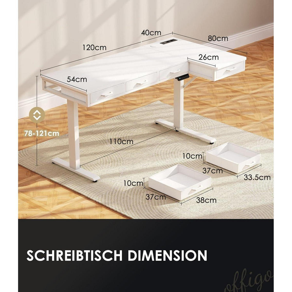 ECKSCHREIBTISCH höhenverstellbar 160 x 80 cm Weiß mit 4 Schubladen - Weiß, Holzwerkstoff (80/160/78cm)