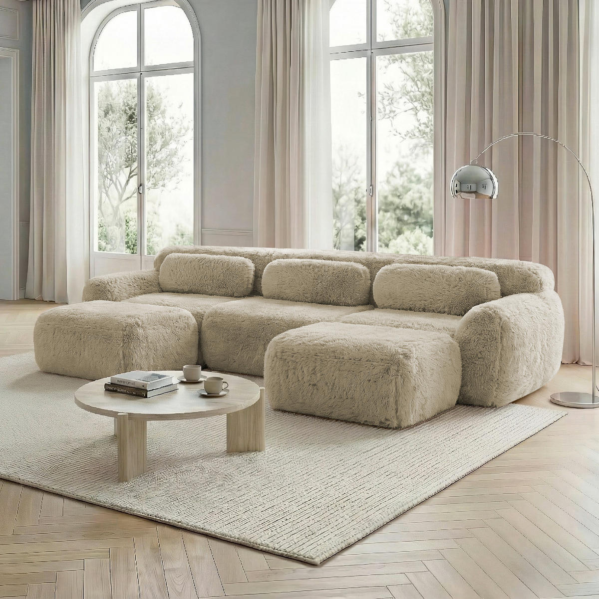 ECKSOFA 291/179/73 cm Hellkhaki aus Plüsch mit U-Form, rutschfester Basis und Kissen - Beige, Textil (179/291cm) - OKWISH