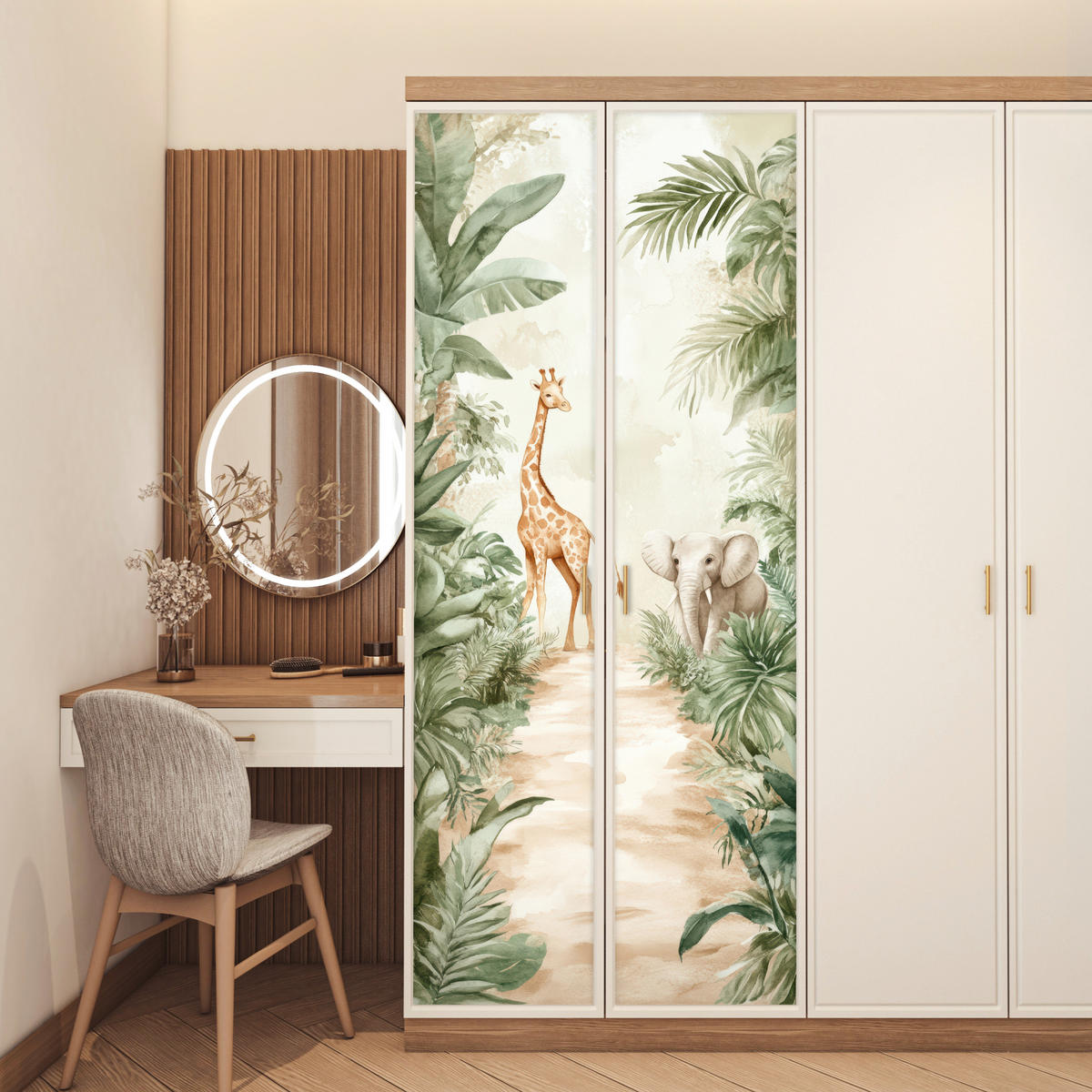 NÁLEPKA NA DVERE Džungľa - Žirafa - Slon - Zelená - Príroda 80x215 cm - farba eukalyptového dreva, plast (80/0.1cm) - MuchoWow