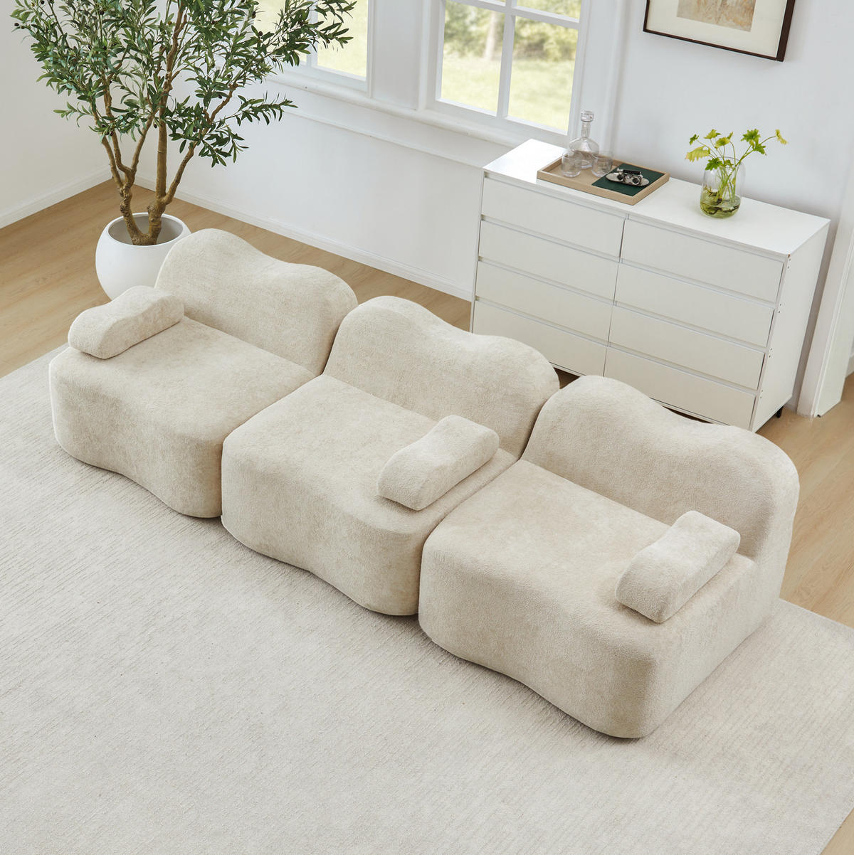 SOFA modular mit tiefer Sitzfläche Samt Beige - Beige, Holzwerkstoff (98/70/288cm) - Meubliv