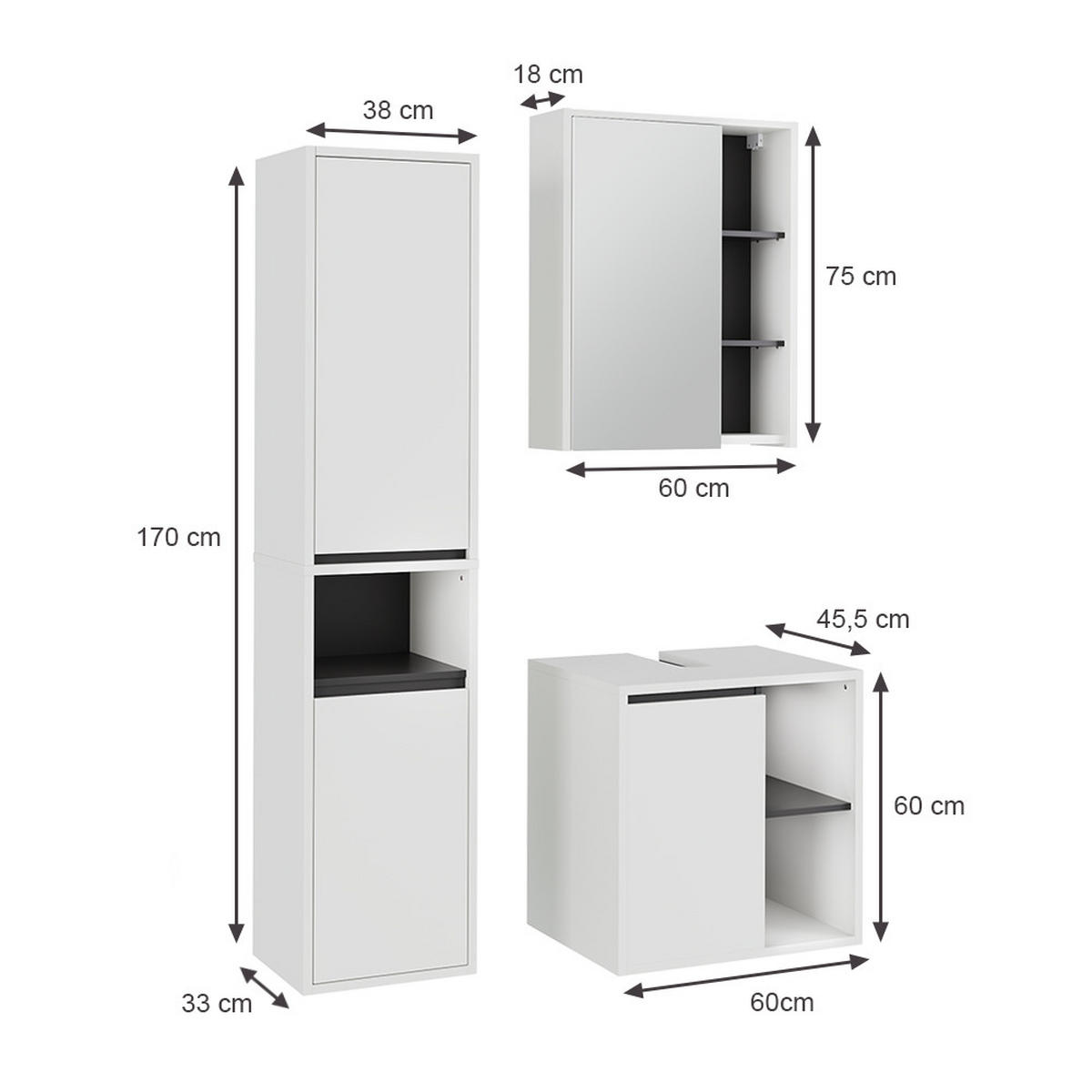 SADA KOUPELNOVÉHO NÁBYTKU Viola Bílá/šedá - bílá/šedá, kompozitní dřevo (60/60/45.5cm) - Vicco