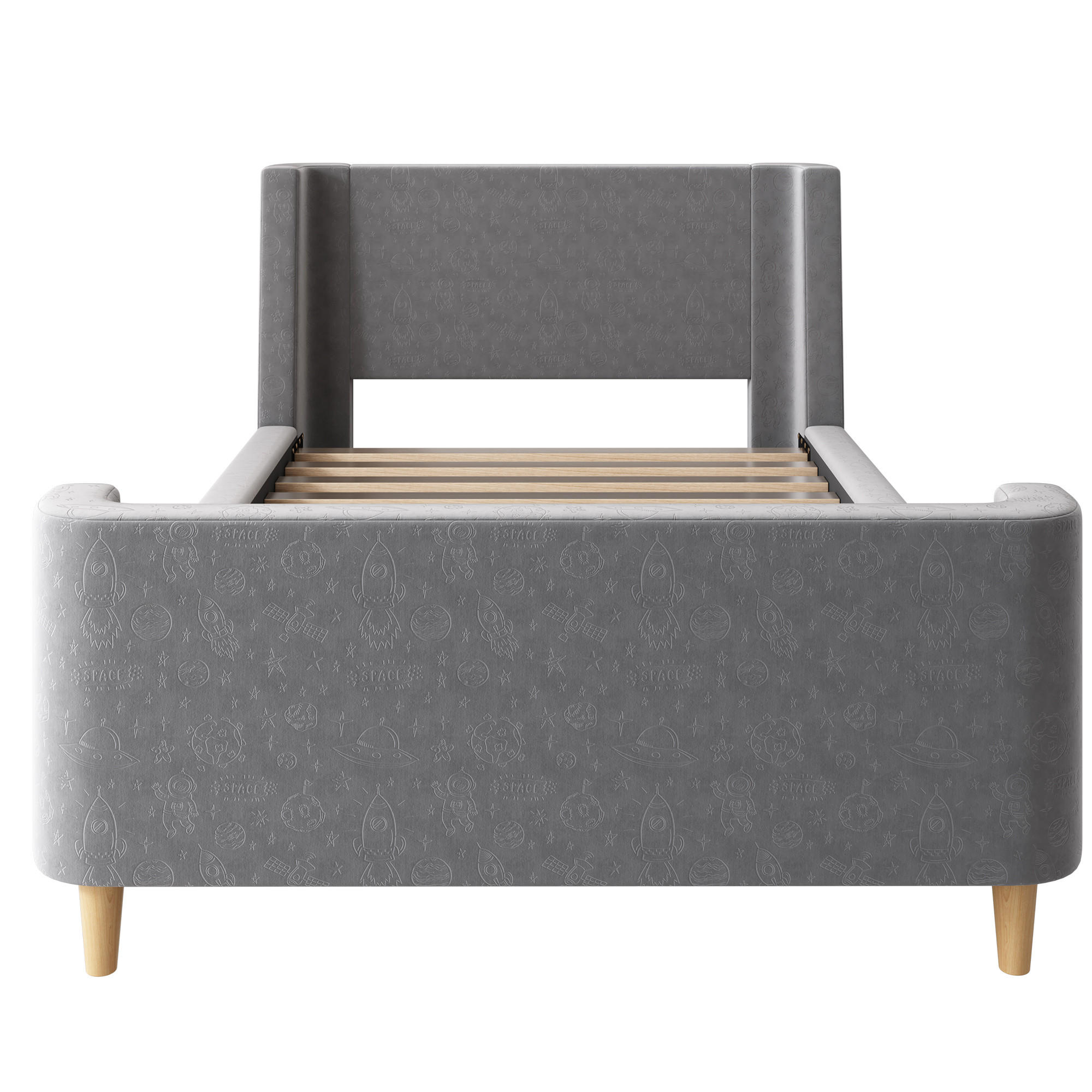 KINDERBETT 90/200 cm Schlittenbett mit Weltraummuster Grau Samt - Grau, Holz