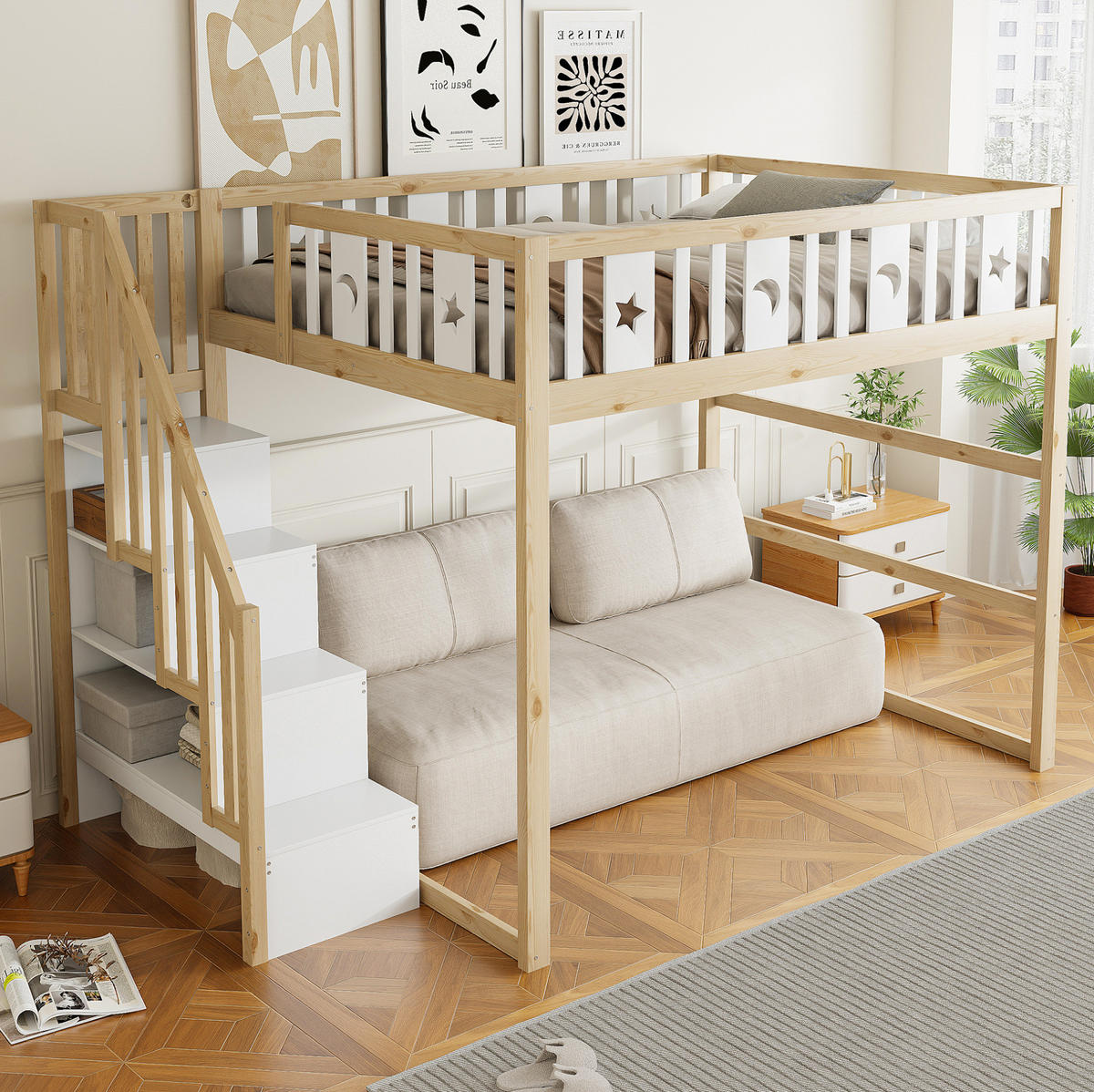 HOCHBETT 140/200 cm aus Massivholz mit Treppe, Natur/Weiß - Naturfarben, Holz (140/200cm) - OKMYHOME