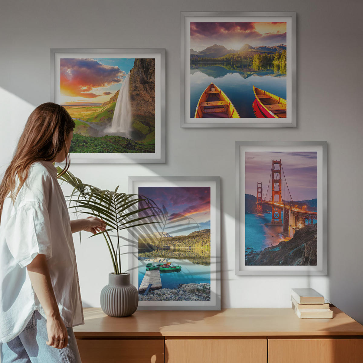 BILDER SET 4er Set - 50x50 cm & 40x60 cm Silberner Rahmen - Bergseen, Boote, Brücken - Silberfarben, Kunststoff (50/50cm) - TULUP