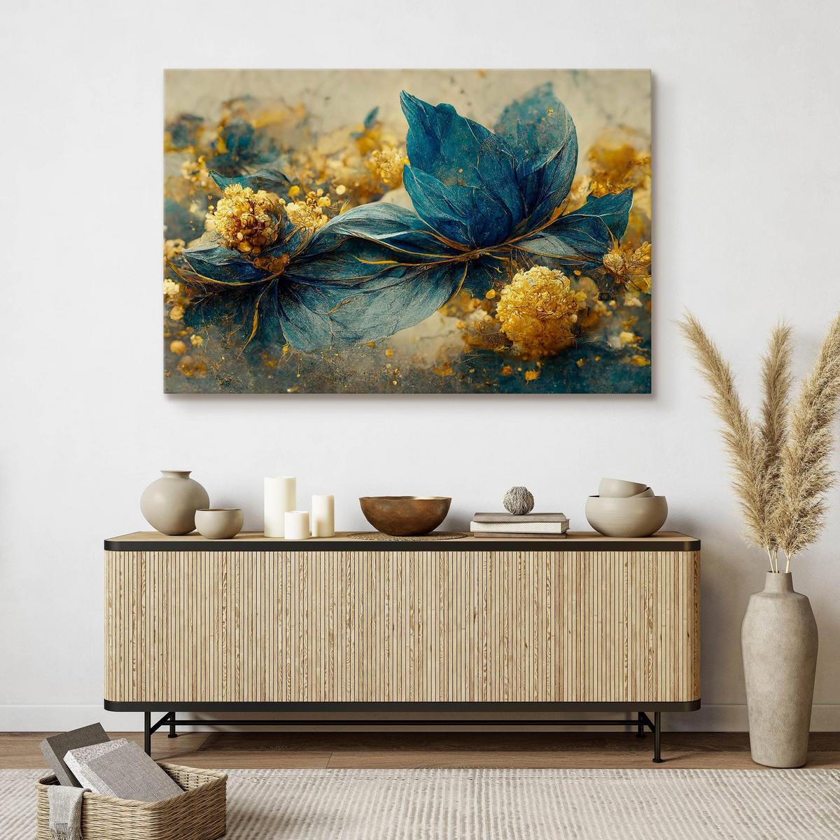 LEINWANDBILD Abstrakte Blumen Blätter 3D Glamour Stil 40cm x 30cm - Türkis/Blau, Textil (40/30cm) - Muralo