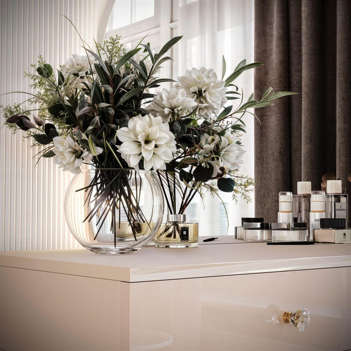 SCHMINKTISCH SIENNA-QS KASCHMIR mit LED-Spiegel Kristallgriff - Beige, Holzwerkstoff (100/81/42cm) - Lookway