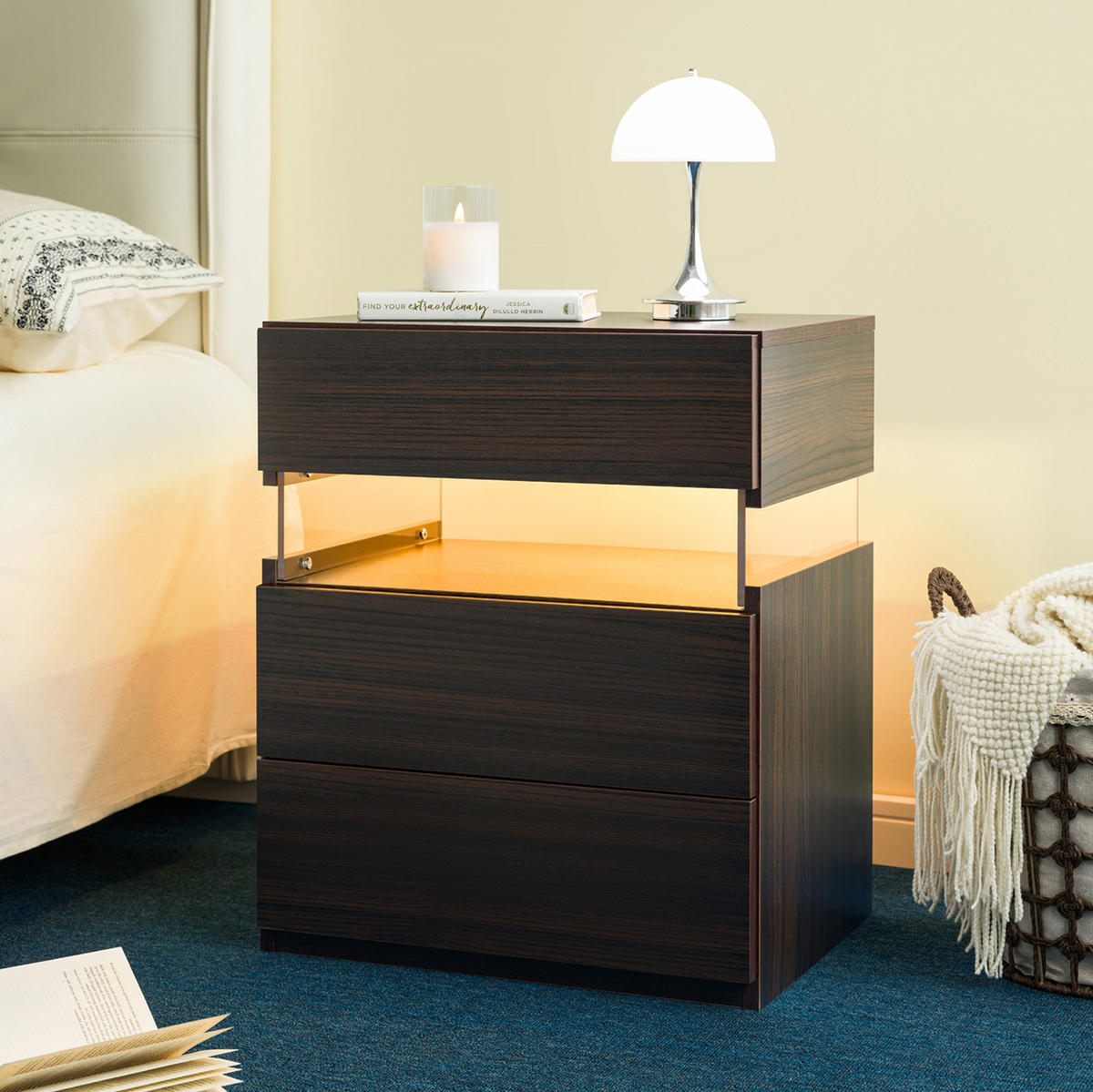 NACHTTISCH 48/38/61 cm Walnuss aus Holzwerkstoff mit LED-Beleuchtung - Walnussfarben, Holzwerkstoff (48/61/38cm) - OKMYHOME