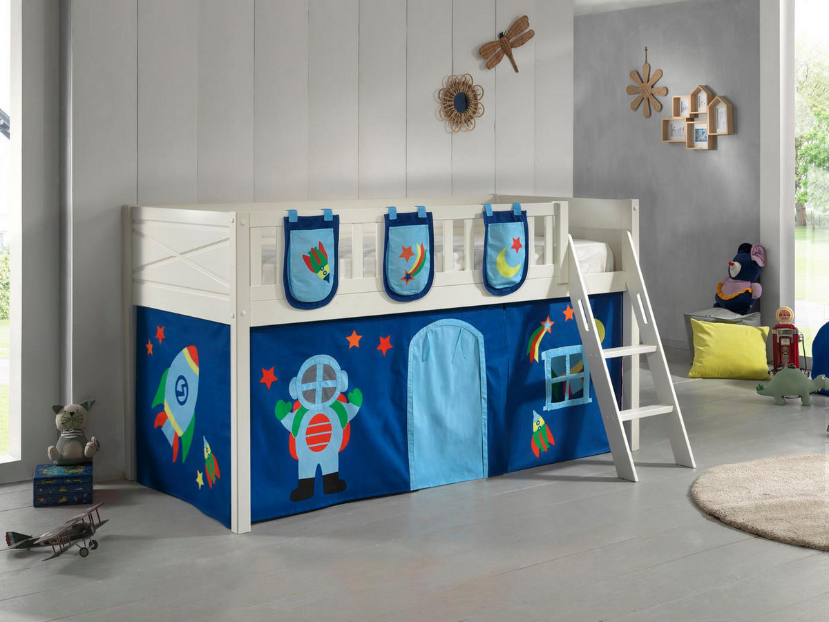 KINDERBETT Karyl 208x114x135 Massivholz Weiß Textilset Astro 3 - Blau/Weiß, Holz (90/200cm) - 58aufmkessel