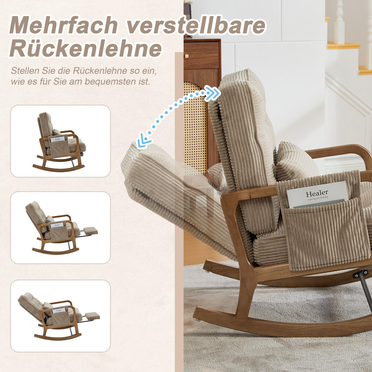 SCHAUKELSTUHL Relaxsessel mit Fußstütze,verstellbarer Rückenlehne,Cord,Khaki - Hellbraun, Textil (70/92/80cm) - LVHOM