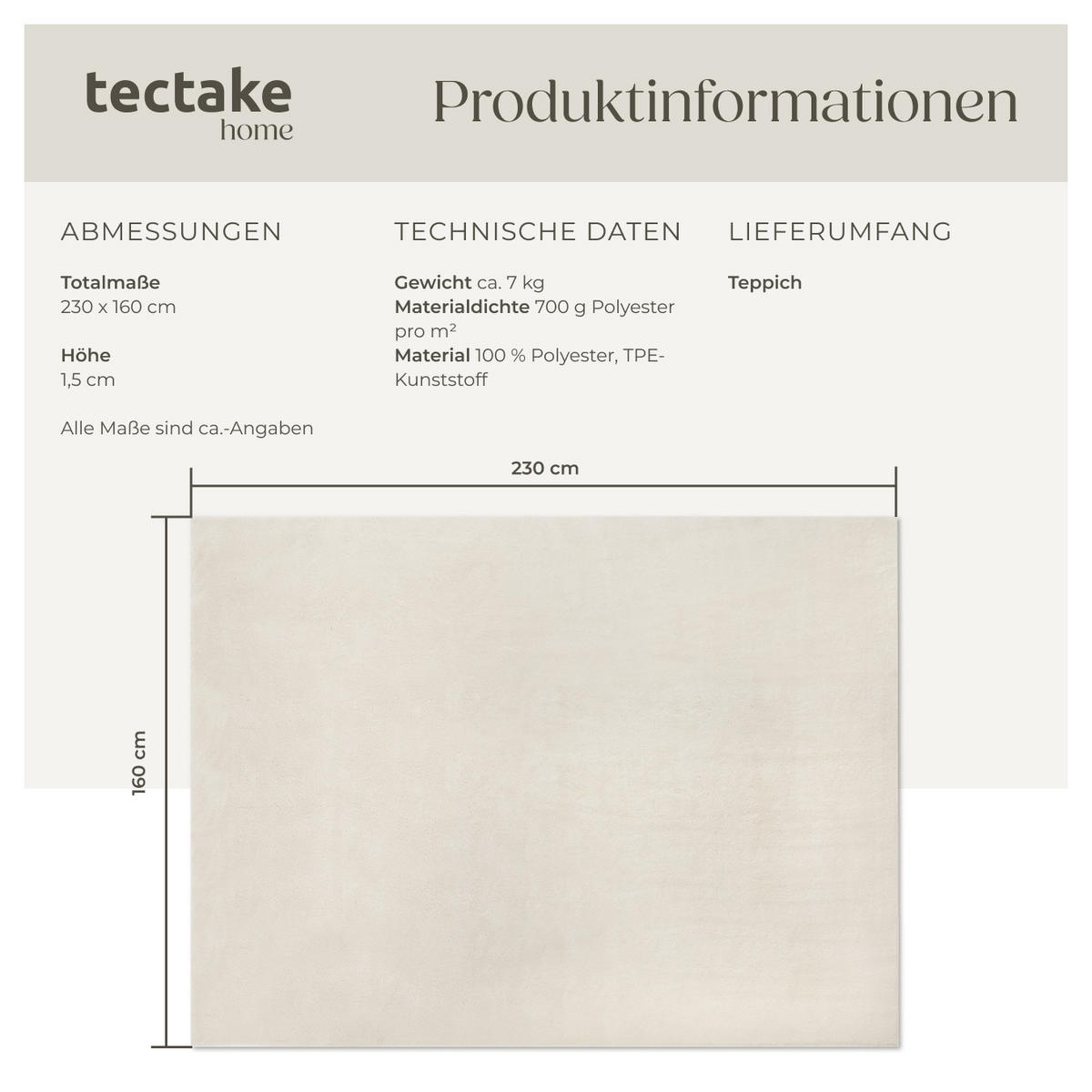 KURZFLORTEPPICH Soft Zone,rutschfeste Unterseite,creme - Creme, Kunststoff (230/160cm) - tectake