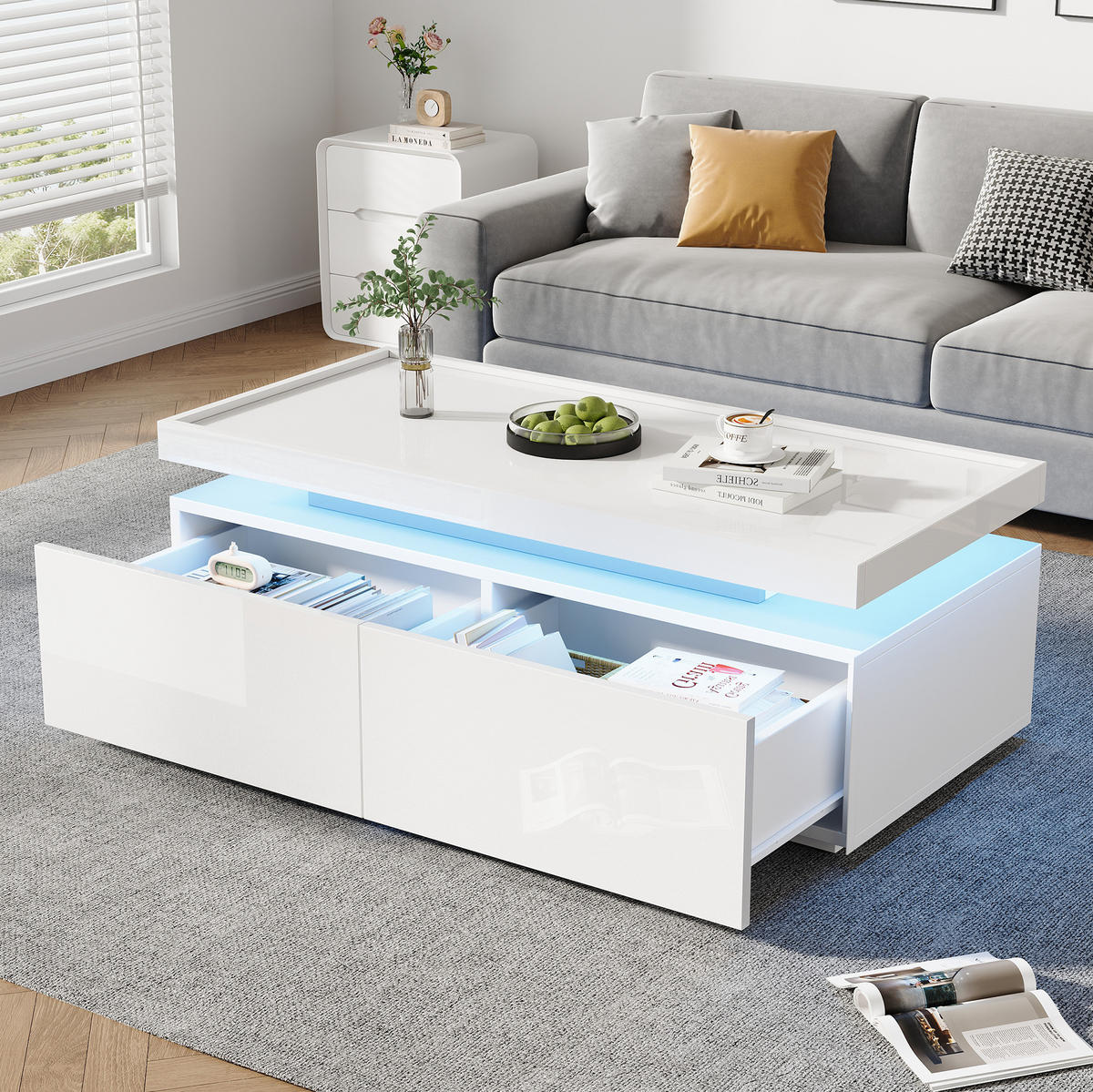 COUCHTISCH 95/45/35 cm Weiß aus Spanplatte mit LED und 2 Schubladen - Weiß, Holzwerkstoff (95/45/35cm) - OKMYHOME