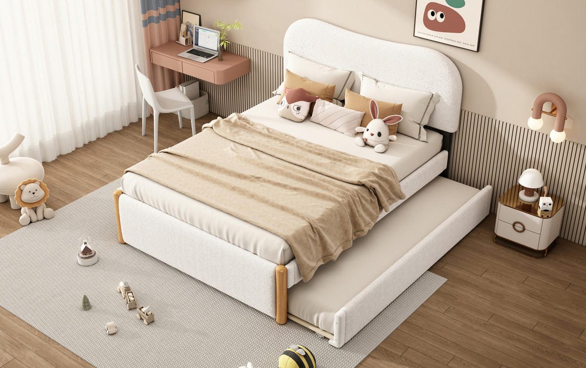 POLSTERBETT 140/200 cm weiß aus Plüsch mit ausziehbarem Rollbett - Weiß, Textil (140/200cm) - OKMYHOME