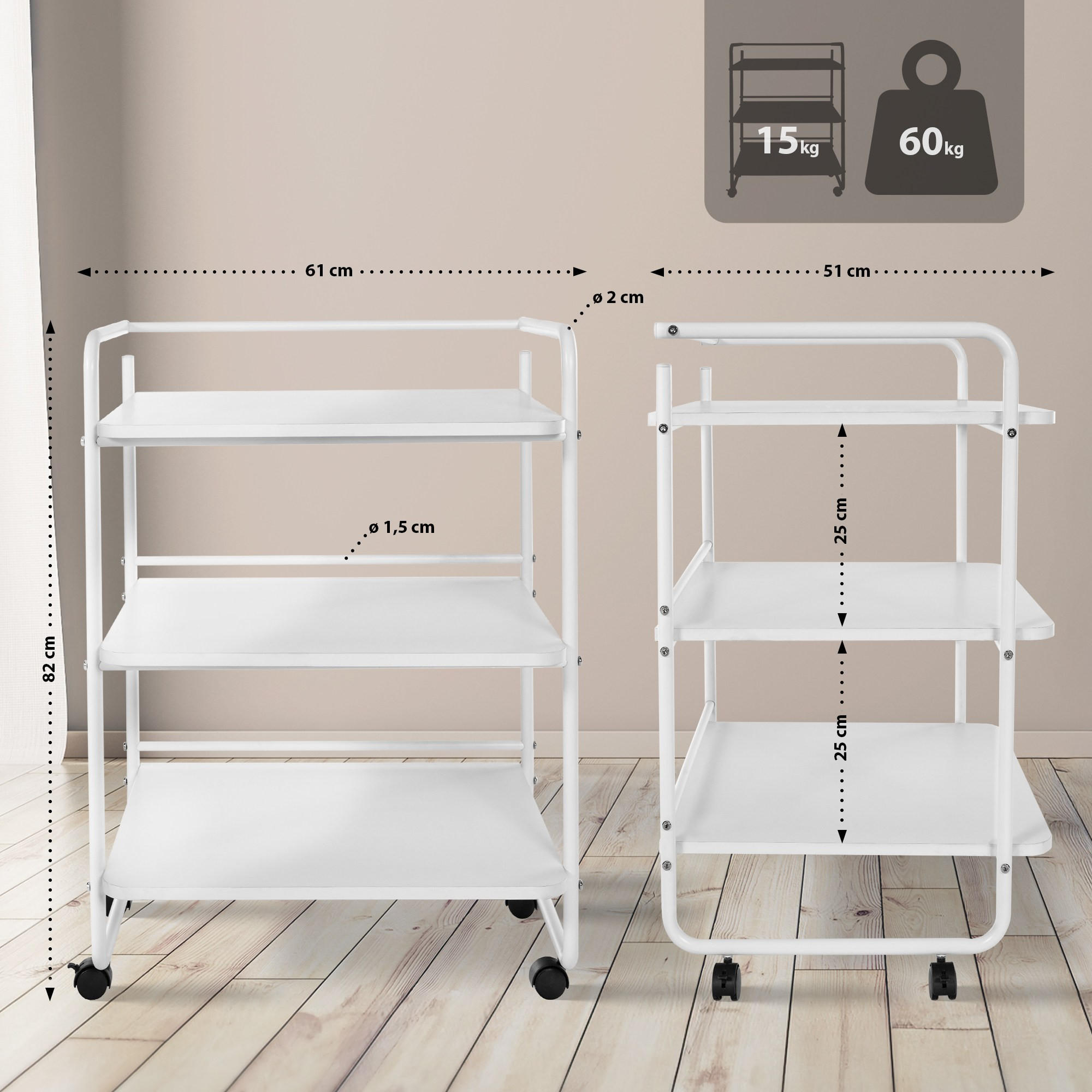 SERVIERWAGEN Metall Weiß - Weiß, Metall (61/82/51cm) - CLP