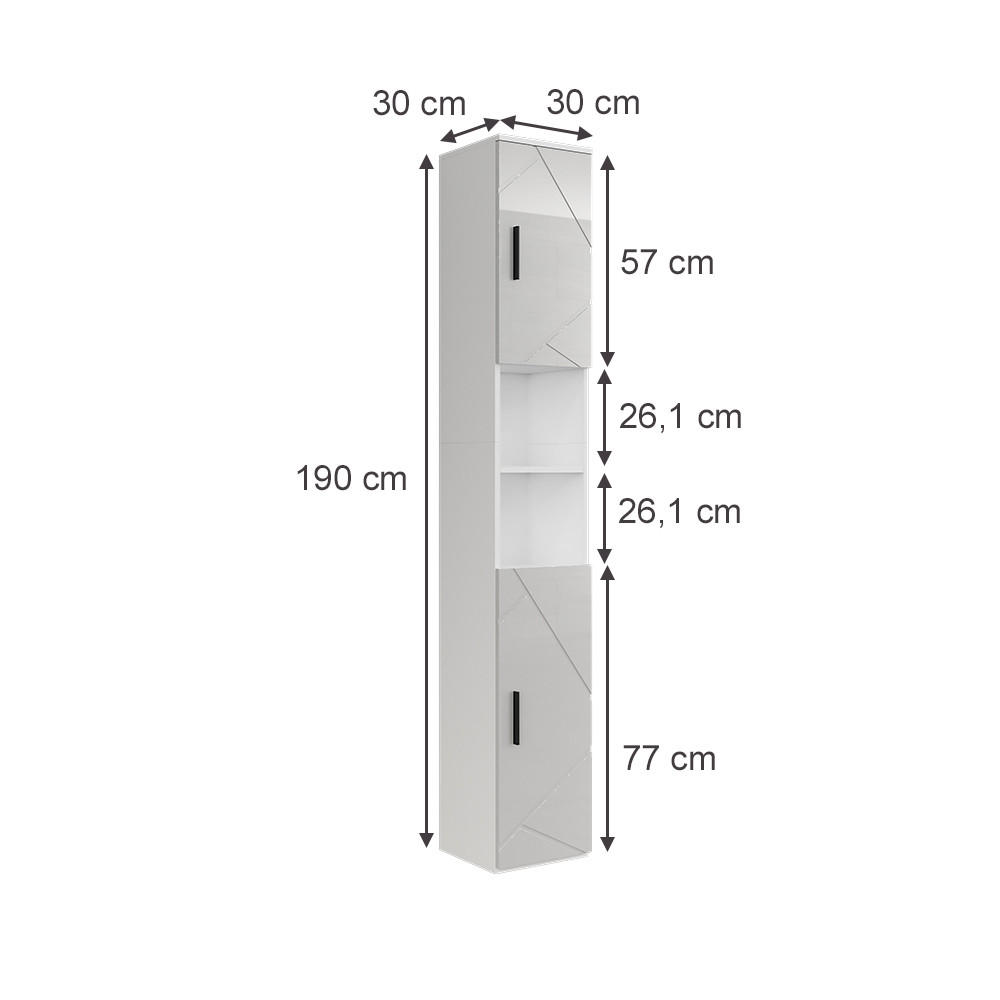 HOCHSCHRANK Irma Weiß/Weiß Hochglanz 30 x 190 cm mit 2 Türen - Weiß Hochglanz, Holzwerkstoff (30/190/30cm) - Vicco