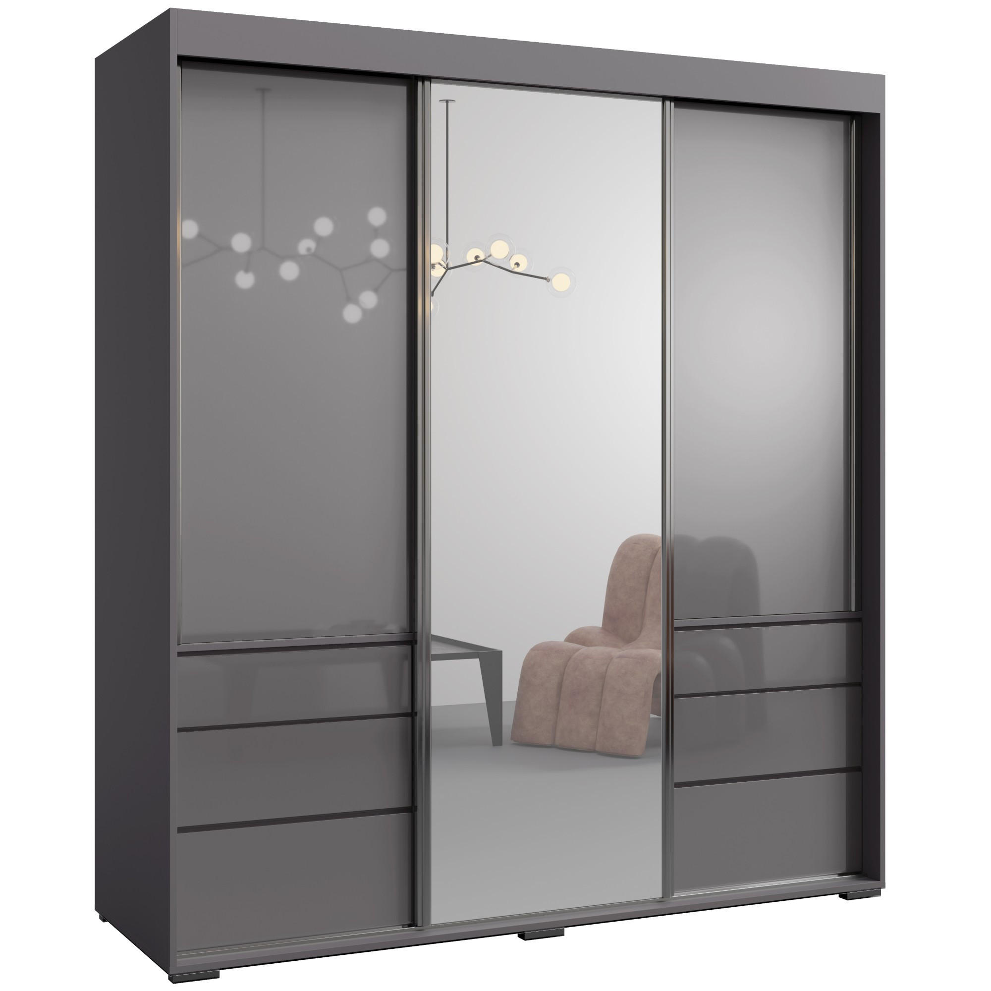 SCHIEBETÜRENSCHRANK mit Schubladen und Spiegel Torino 3D1L 180 Grau (Lacobel) - Silberfarben/Grau, Holzwerkstoff/Metall (180/204/65cm) - mzm24