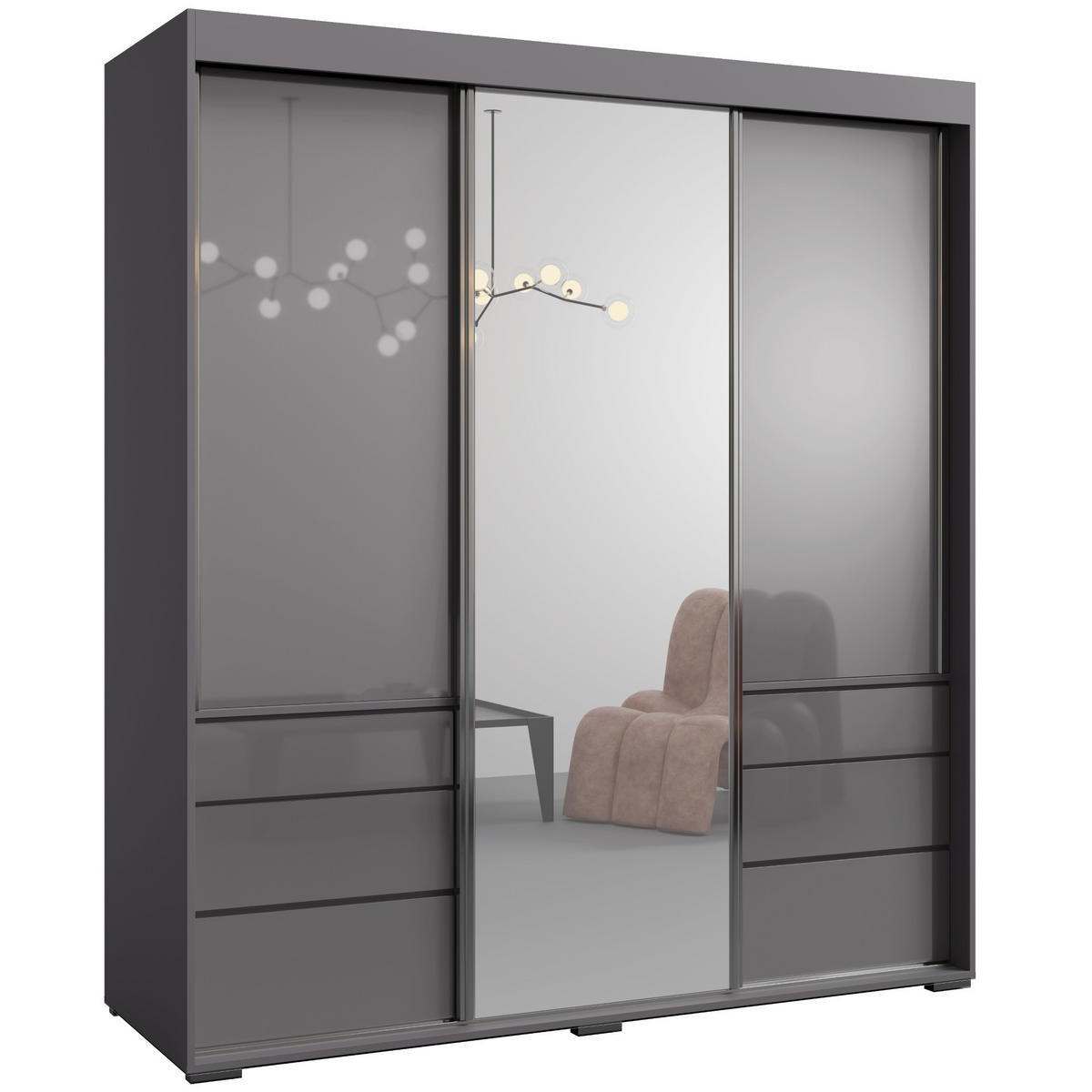 SCHIEBETÜRENSCHRANK mit Schubladen und Spiegel Torino 3D1L 180 Grau (Lacobel) - Silberfarben/Grau, Holzwerkstoff/Metall (180/204/65cm) - mzm24