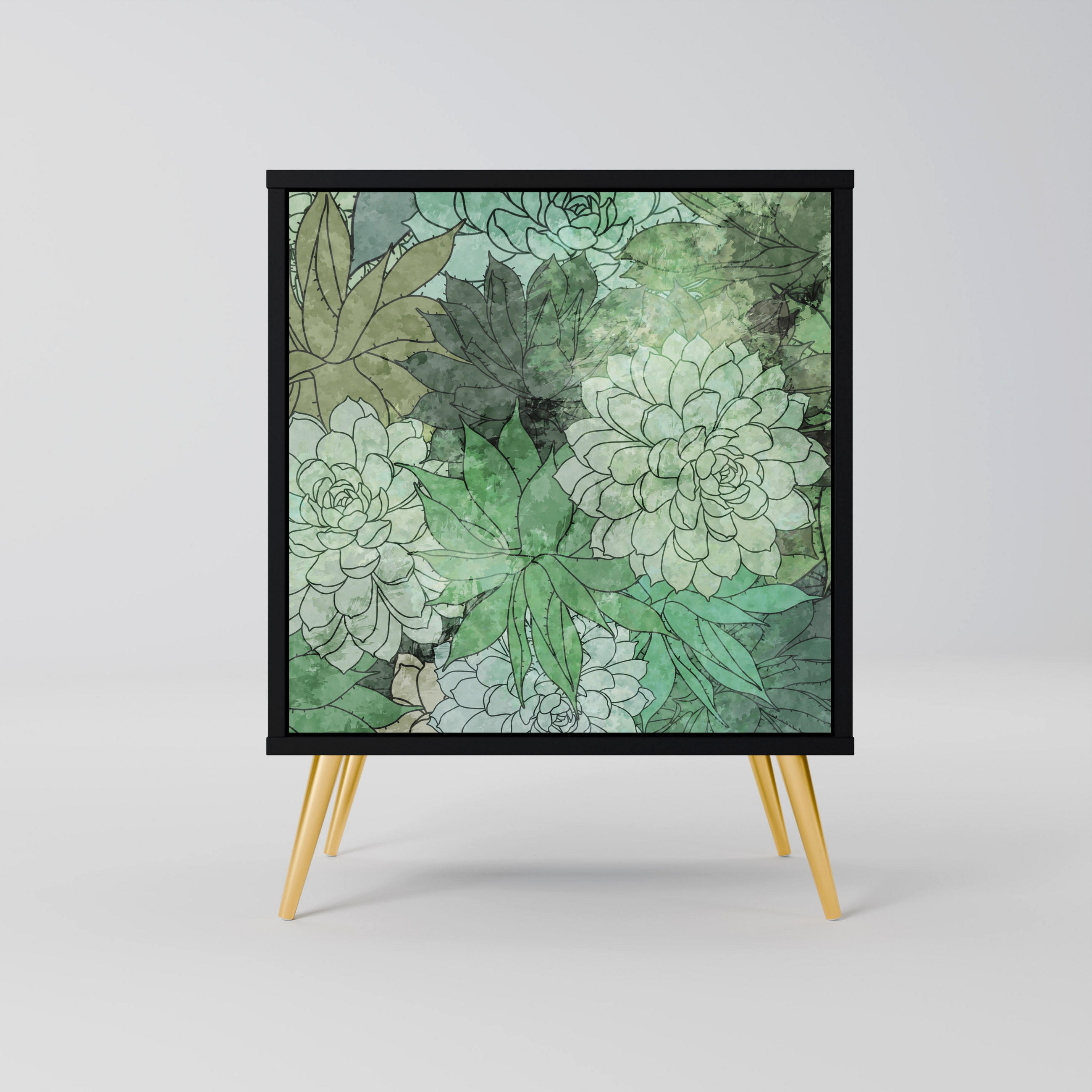 SIDEBOARD SUCCULENT CLUSTER, Schwarz, 57,5x42x75,5 cm, Goldfarbene Metallfüße - Goldfarben/Multicolor, Holzwerkstoff/Metall (57.5/75.5/42cm) - SpaceRebels