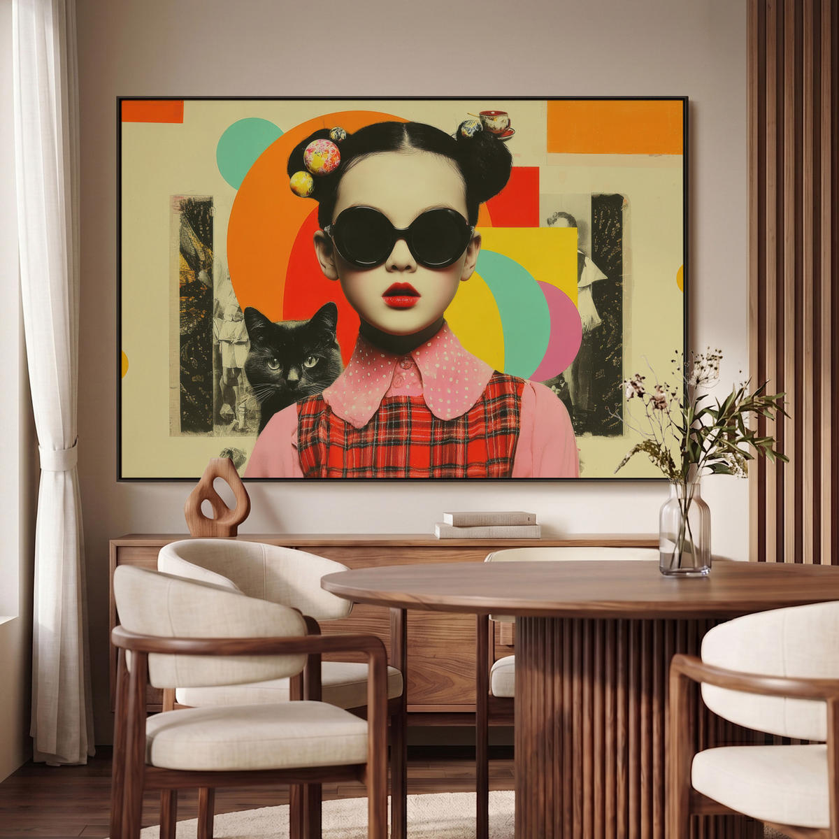 LEINWAND Bilder mit Rahmen - Mädchen - Sonnenbrille - Katze - Retro - 120x80 - Beige, Textil (120/80cm) - MuchoWow