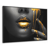 LEINWAND Bilder mit Rahmen - Frau - Schwarz - Gold - Gesicht - Lippen - 150x100 - Goldfarben, Textil (150/100cm) - MuchoWow