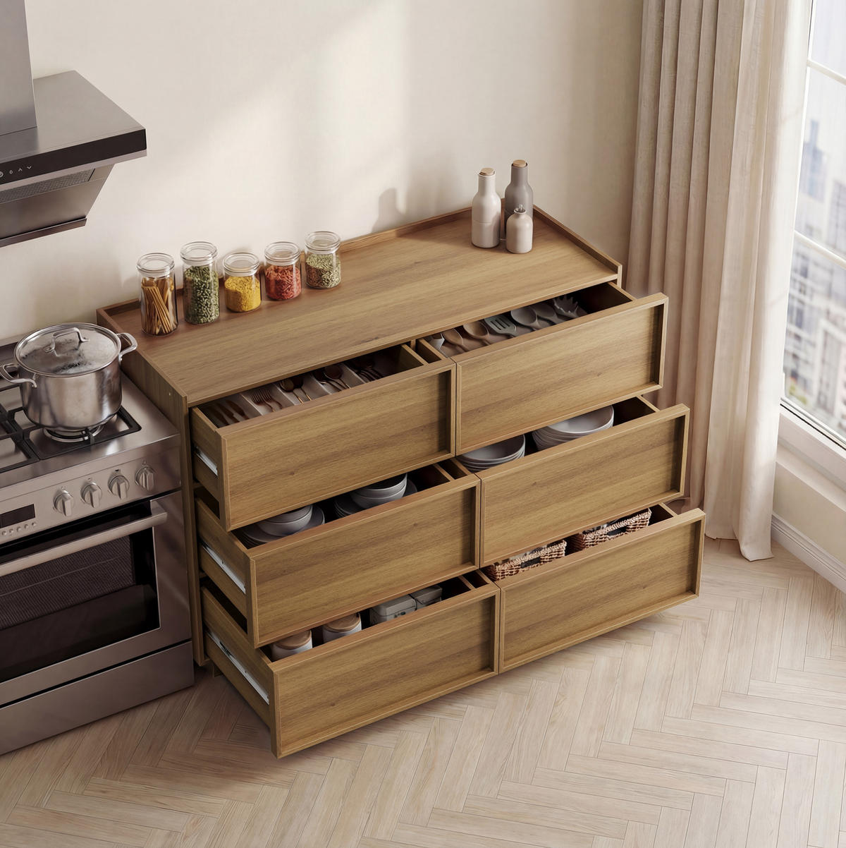 KOMMODE 115/48/78 cm aus MDF und Holzwerkstoff mit 6 grifflosen Schubladen Eichefarben - Nussbaumfarben, Holzwerkstoff (115/78/48cm) - Modenvie