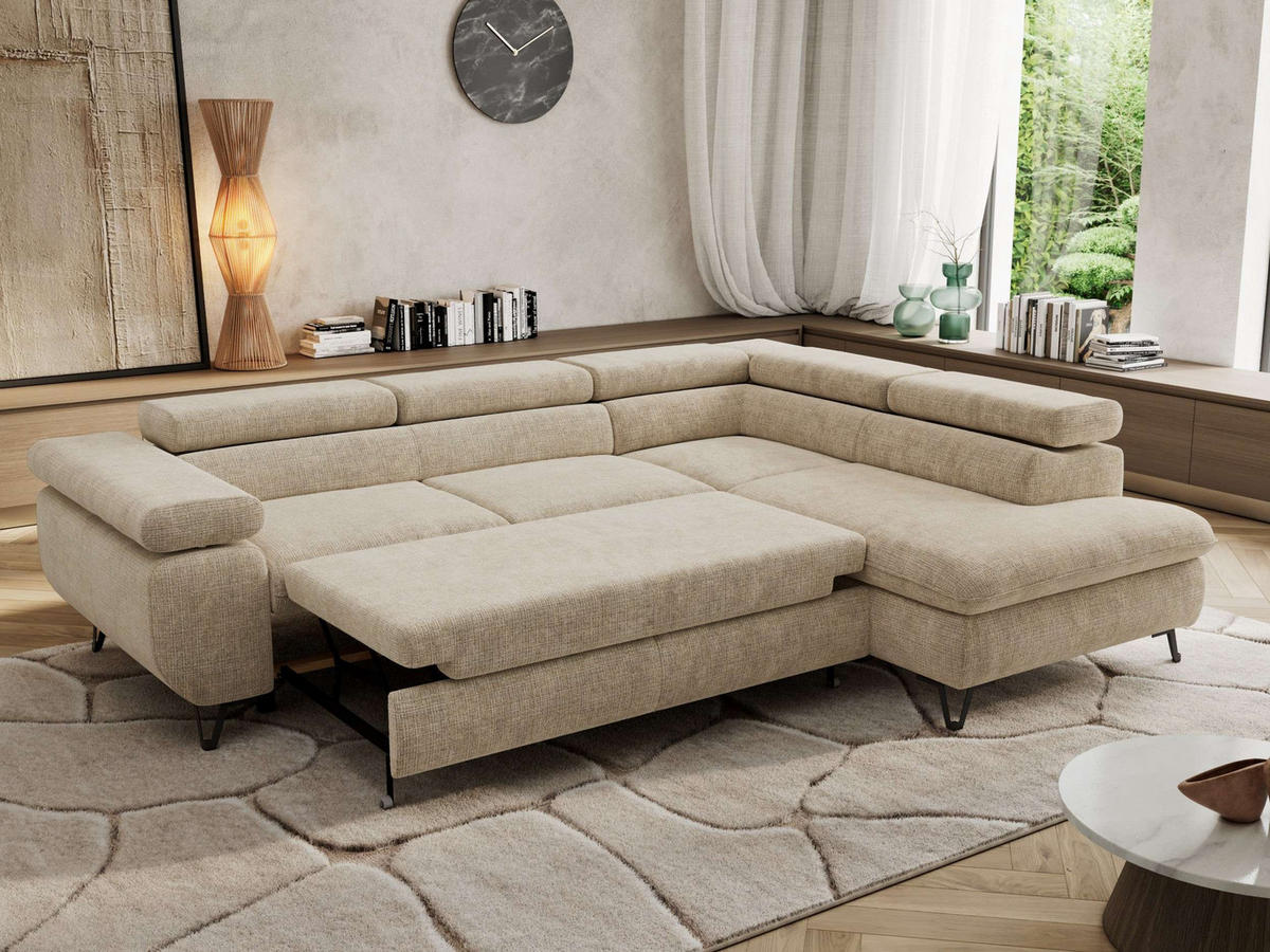 ECKSOFA PABLO L Beige Schenille grob gewebt - Rechts Seite mit T25 Topper - Beige/Schwarz, Textil/Metall (273/208cm) - MKS