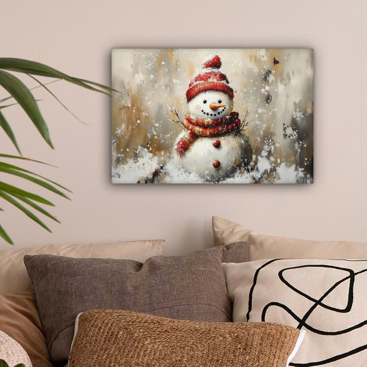 LEINWANDBILD Schneemann - Winter - Schnee - Beige Deko Schlafzimmer 30x20 cm - Weiß, Textil (30/20cm) - MuchoWow