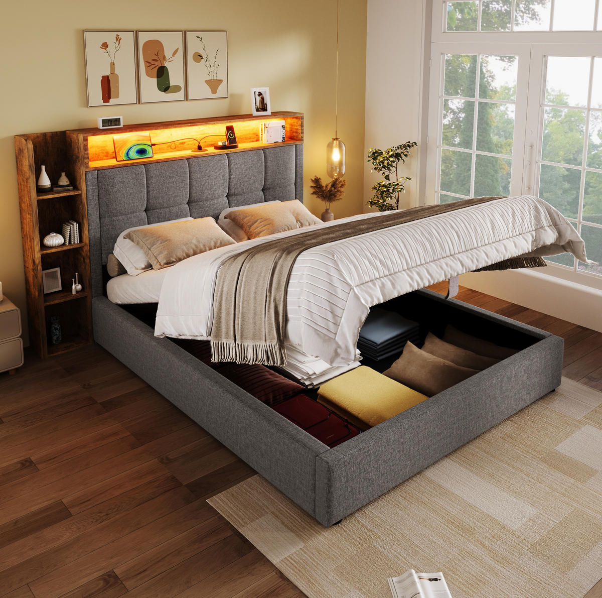 POLSTERBETT mit LED-Beleuchtung 90/200 cm mit Bettkasten & USB-C - Grau, Textil (90/200cm) - BEAOK