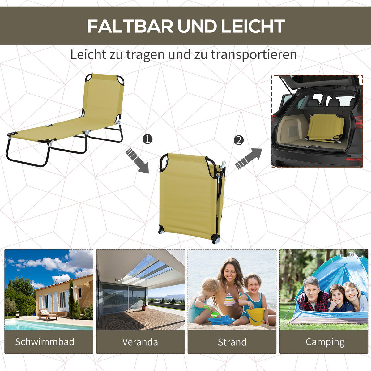 SONNENLIEGE, Gartenliege mit verstellbarer Rückenlehne für Garten, Balkon - Grau, Textil/Metall (56/28/188cm) - Outsunny