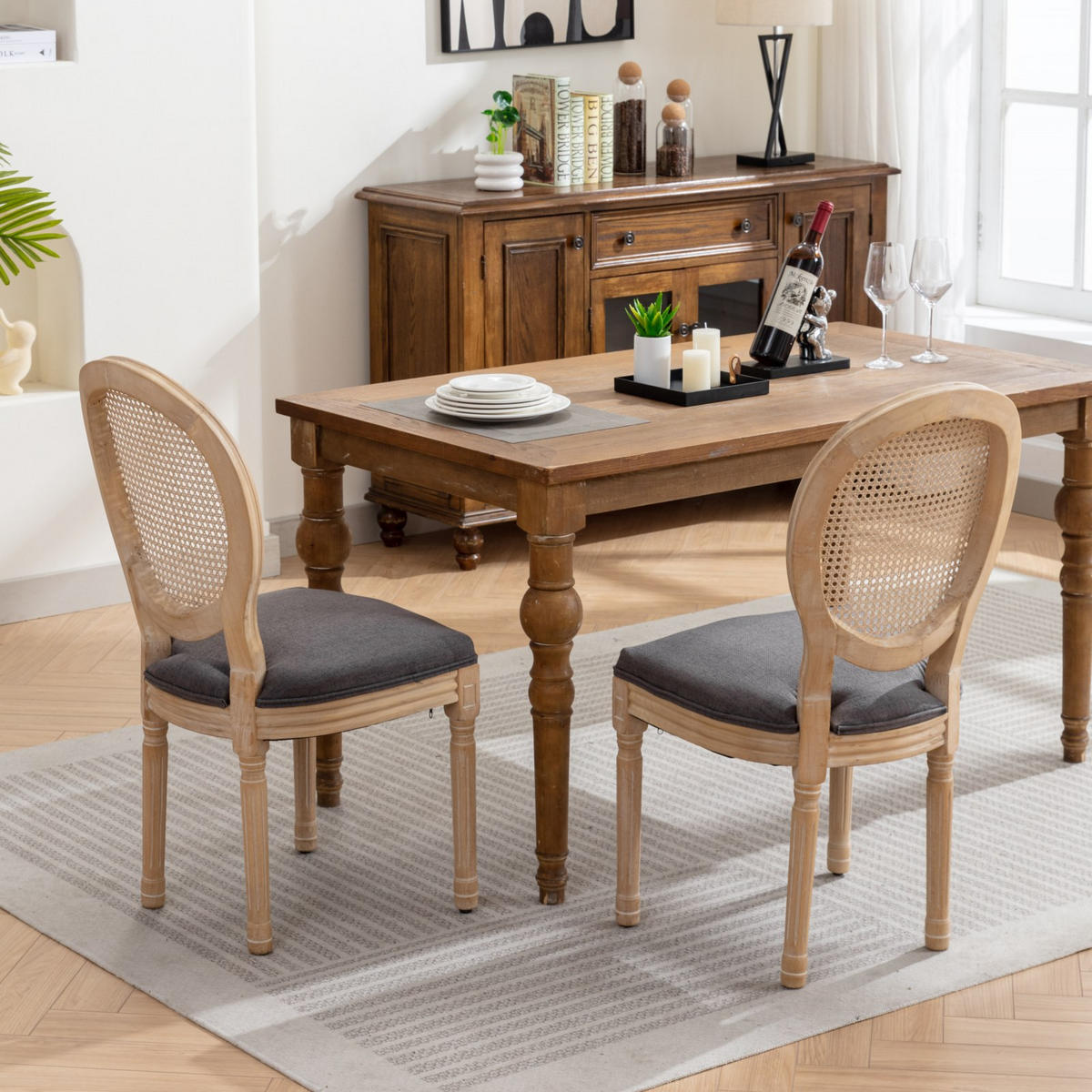 STUHL-SET DE-36325 2 Stück mit Rattan-Rückenlehne Grau - Grau, Holz (49/95/59.5cm) - ComfortXL