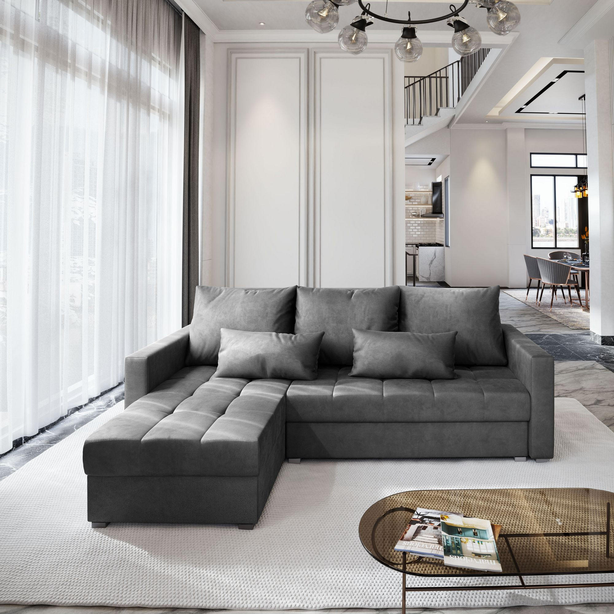 ECKSOFA KOS PIK M Grau Velours-Stoff mit Schlaffunktion - Grau, Holz (220/140cm) - MASSENO