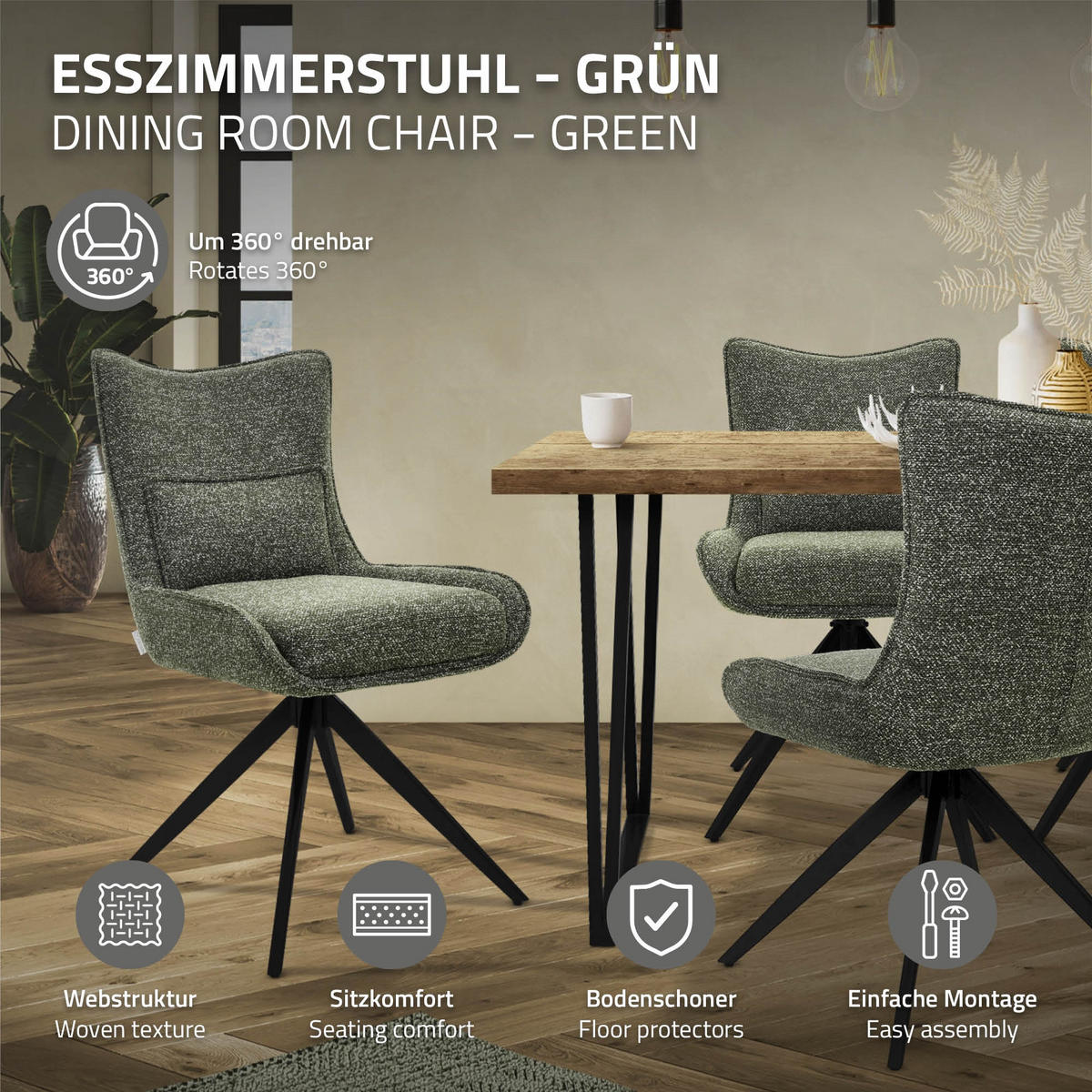 ESSZIMMERSTÜHLE 2er Set drehbar Küchenstühle gepolstert mit Webstoff-Bezug Grün - Schwarz/Grün, Textil/Metall (54/90/64cm) - ML-DESIGN
