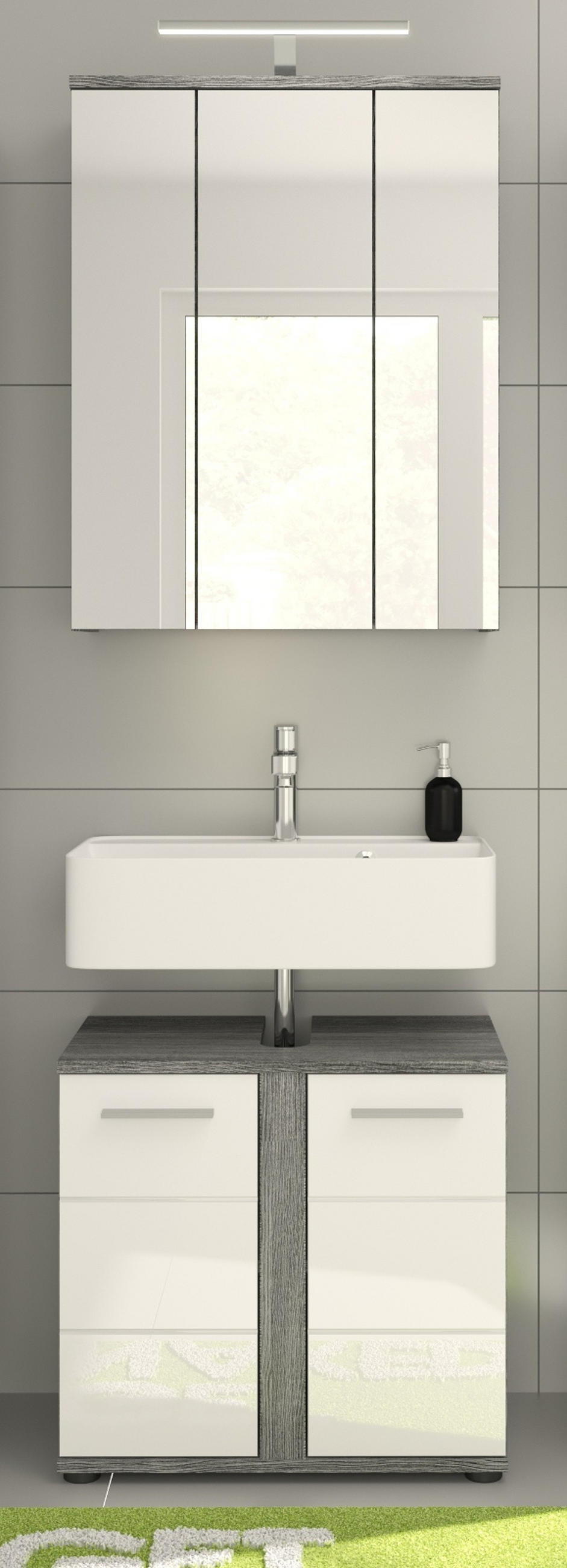 BADMÖBEL-SET weiß Hochglanz, grau 2-teilig 60 cm, 11 Fächer - Weiß Hochglanz/Grau, Glas/Holzwerkstoff (60/191/34cm) - Inn.Furn