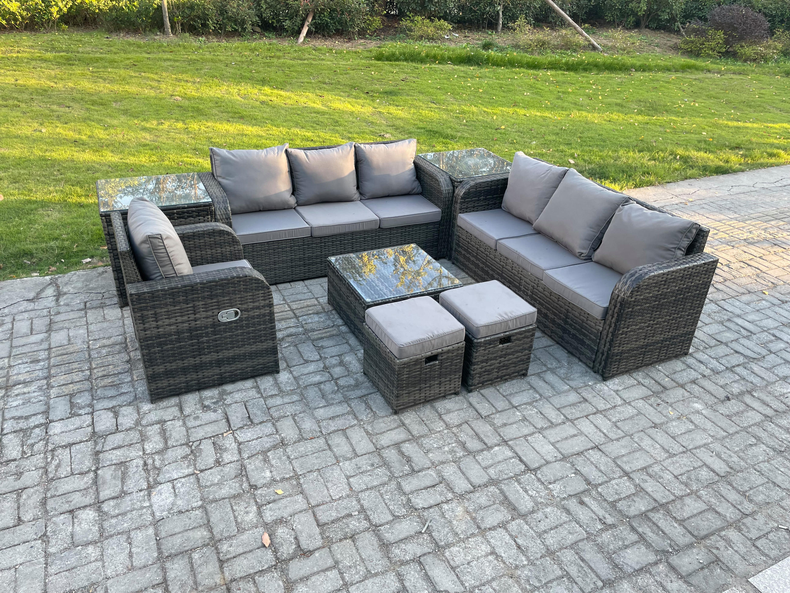 GARTENMÖBEL SET mit 3-SITZER SOFA Polyrattan Dunkelgrau 9-Sitzer - Dunkelgrau/Grau, Glas/Kunststoff - Fimous