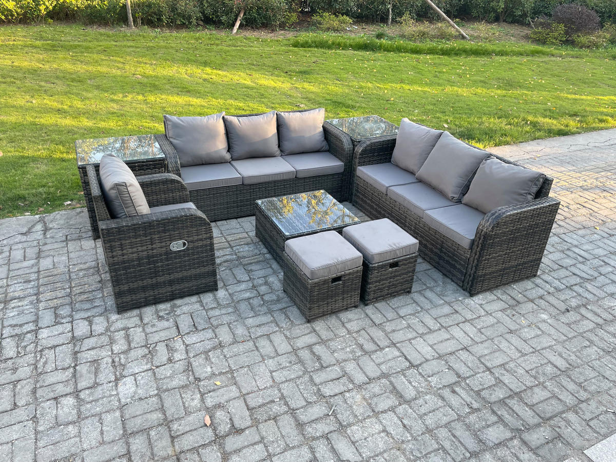 GARTENMÖBEL SET mit 3-SITZER SOFA Polyrattan Dunkelgrau 9-Sitzer - Dunkelgrau/Grau, Glas/Kunststoff - Fimous