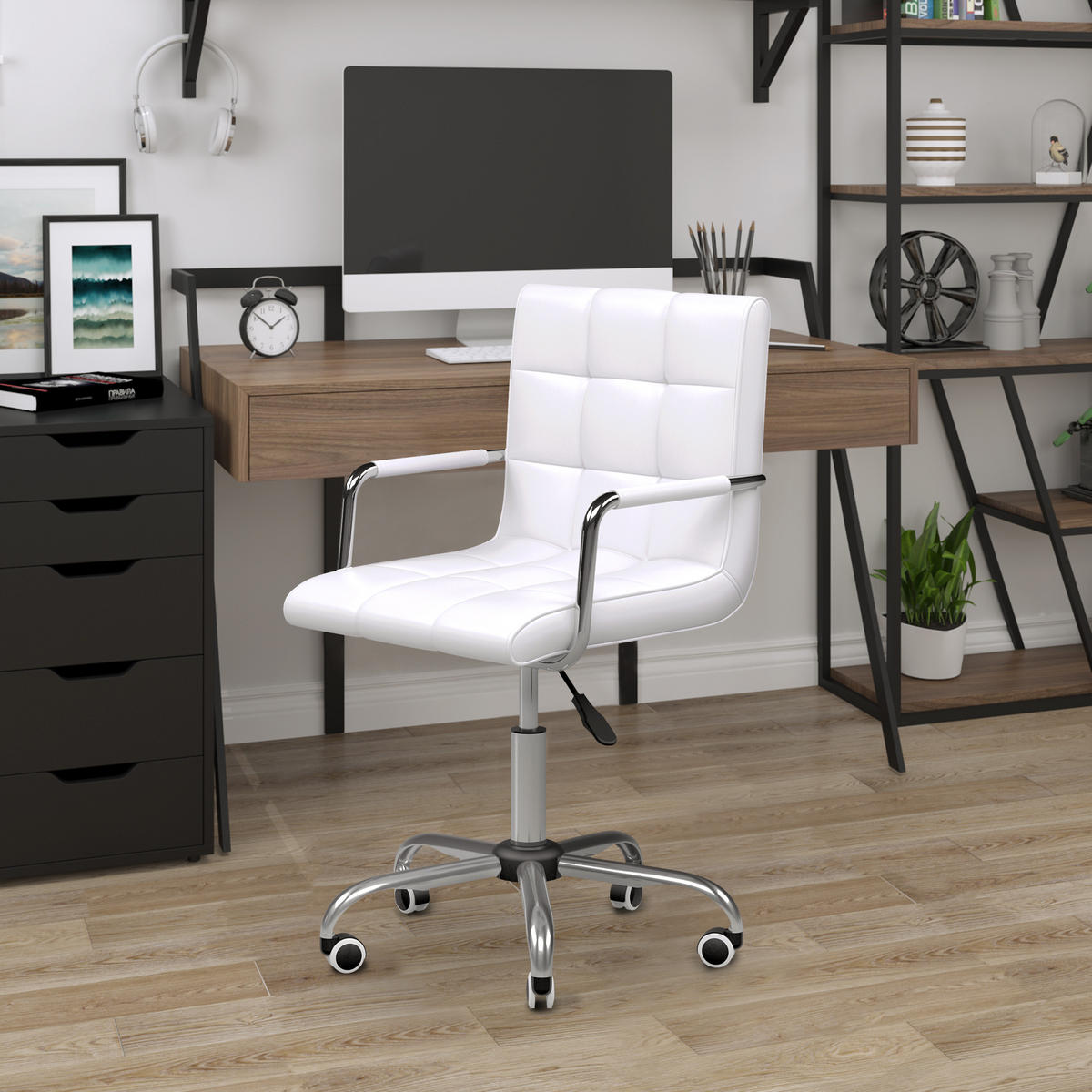 BÜROSTUHL Drehstuhl Rollhocker Drehhocker Arbeitshocker Stuhl Sessel Weiß - Weiß, Kunststoff (54/99/52.5cm) - HOMCOM