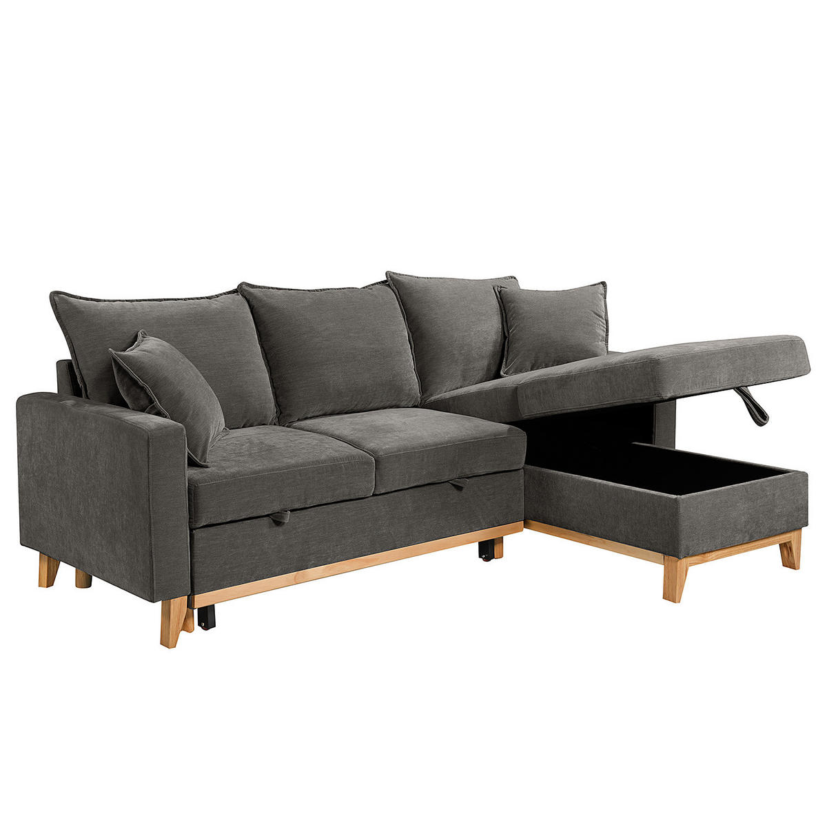 ECKSOFA mit Schlaffunktion - Flachgewebe - Hellbraun/Anthrazit, Holz/Textil (214/145cm) - home24