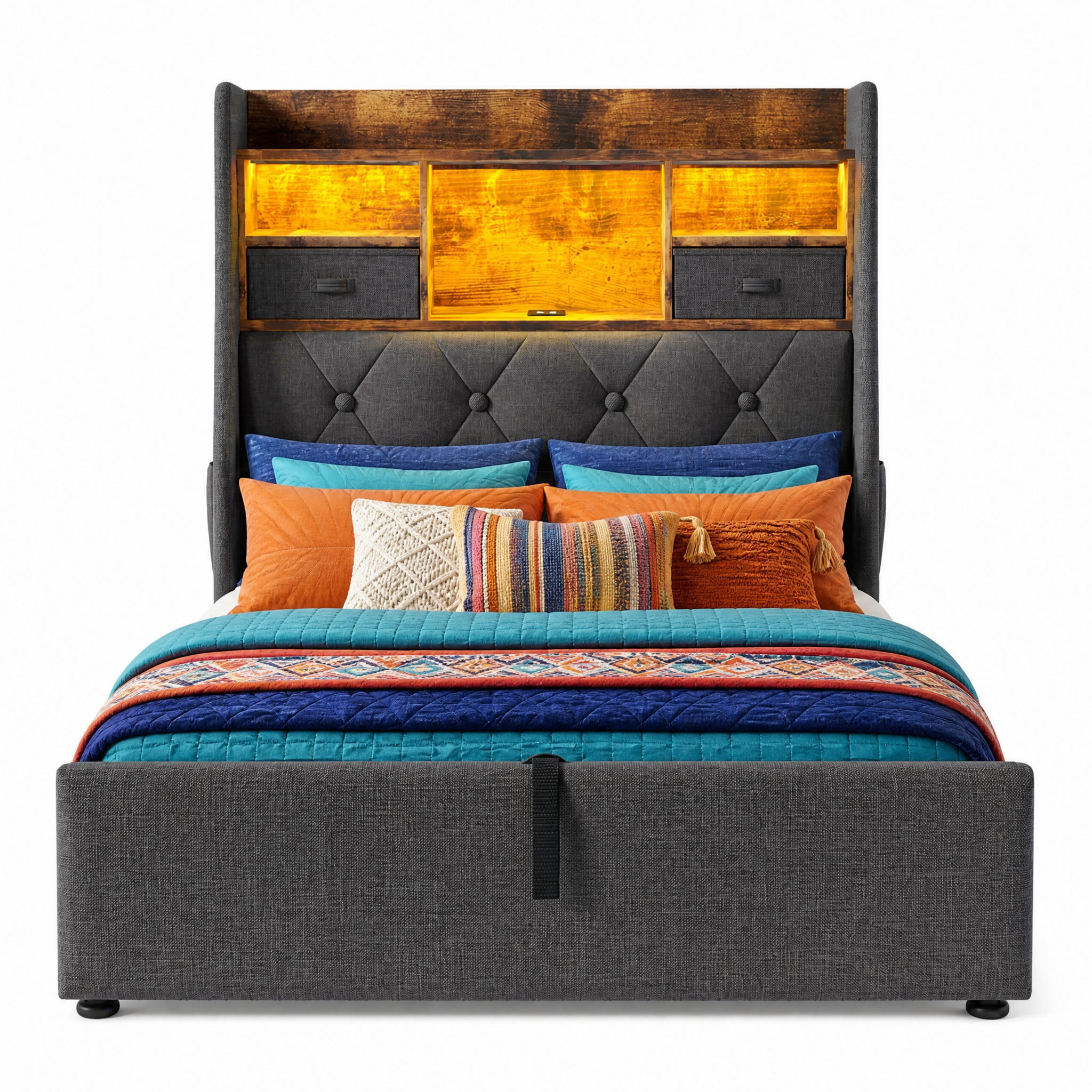POLSTERBETT 90/200 cm in Grau mit Bettkasten, LED und USB Leinen Retro-Design - Grau, Holzwerkstoff/Textil (90/200cm) - STILVORA