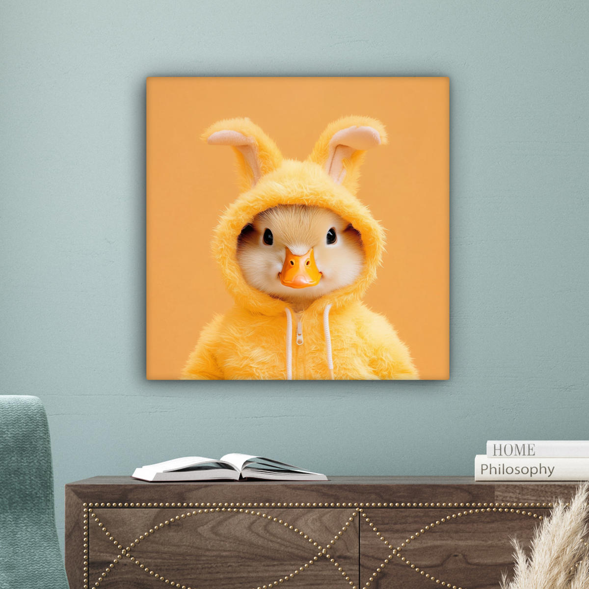 LEINWANDBILD Osterhase - Kostüm - Ente Wandbild Wohnzimmer 50x50 cm - Gelb, Textil (50/50cm) - MuchoWow