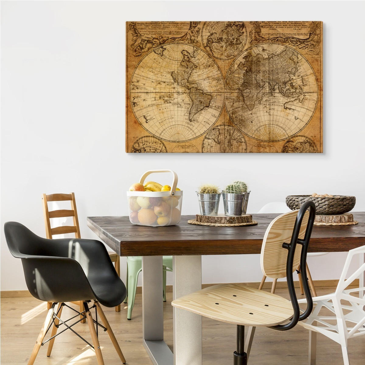 LEINWANDBILD Für Wohnzimmer alte Weltkarte Retro Vintage Stil 120x80 - Beige/Schwarz, Textil (120/80cm) - Muralo