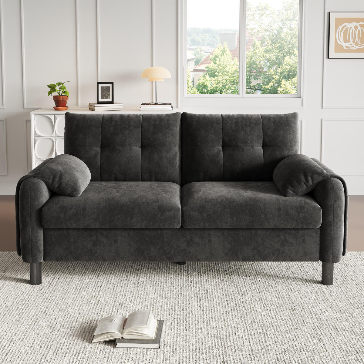 2-SITZER Sofa Chenille mit Seitentaschen und 2 Kissen 158/80/88,5 cm Grau - Grau, Textil (80/88.5/158cm) - Redom