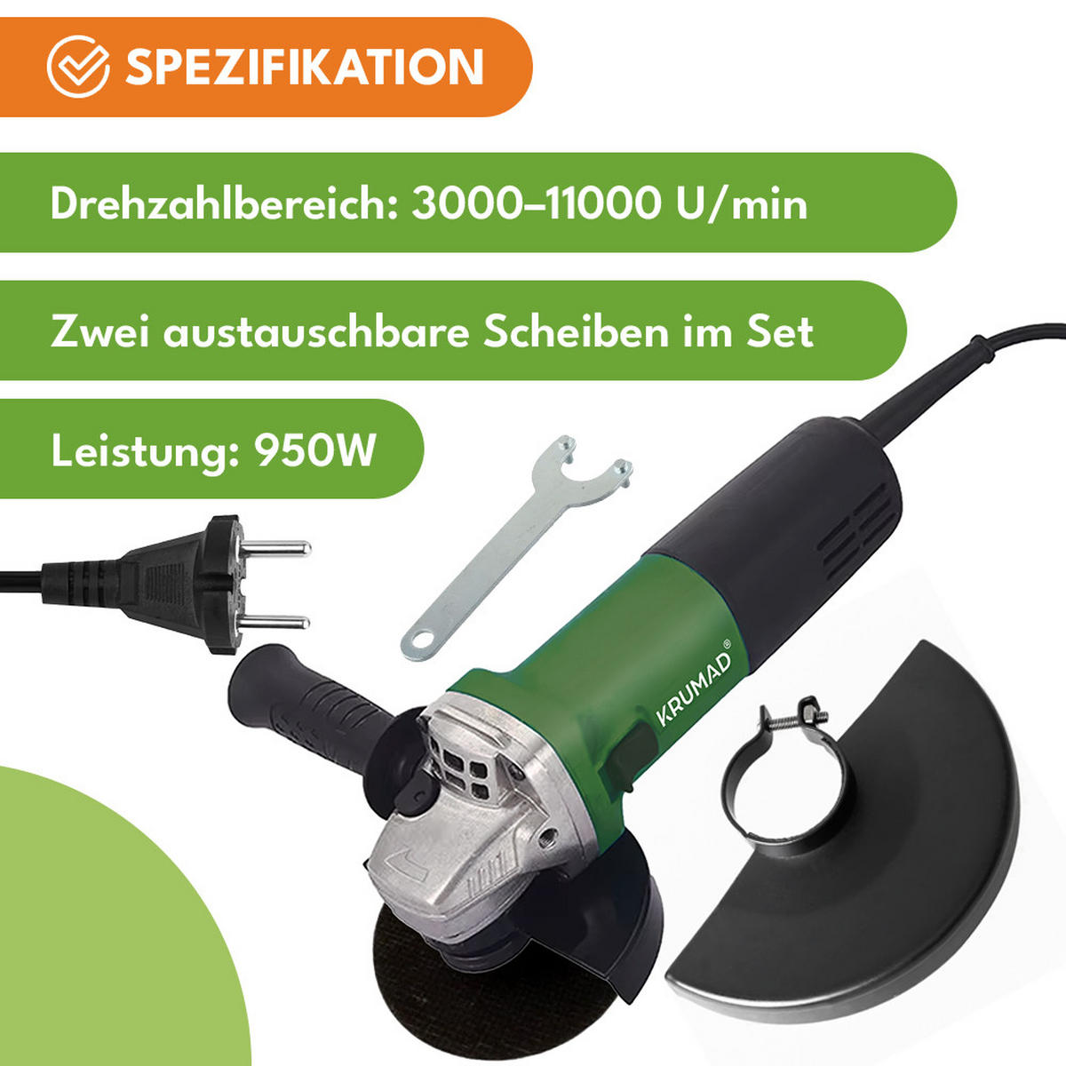 WINKELSCHLEIFER 950W Leistungsstarke Schleifmaschine - Schwarz, Kunststoff (11/12/33cm) - KRUMAD