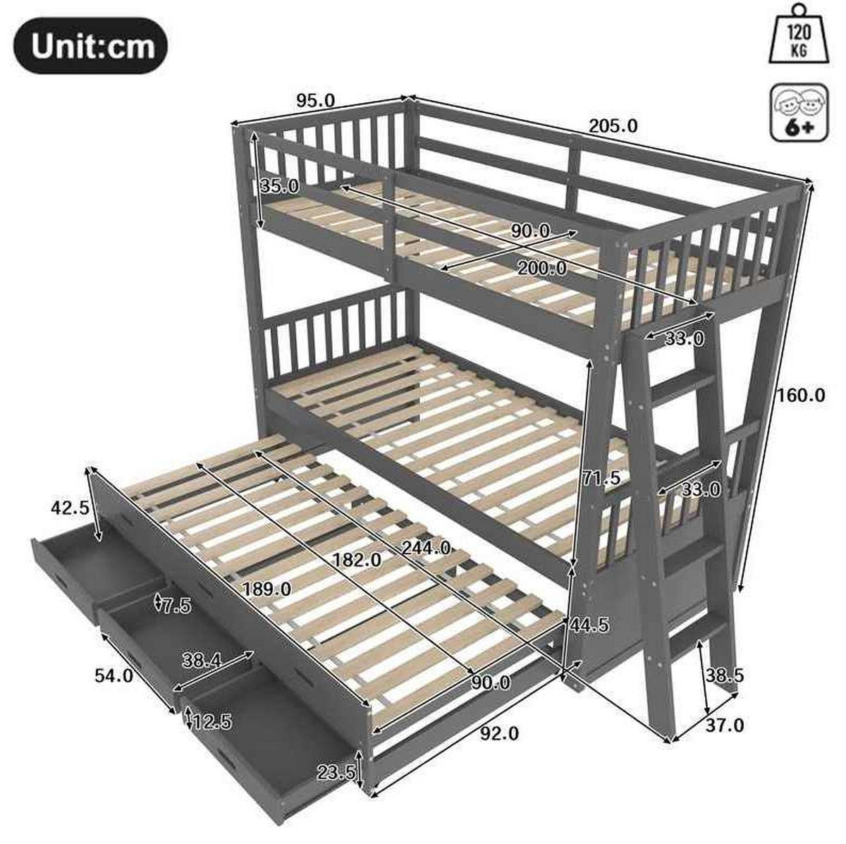 ETAGENBETT 90/200 cm Grau mit Ausziehbett und 3 Schubladen - Grau, Holz (90/200cm) - BEAOK